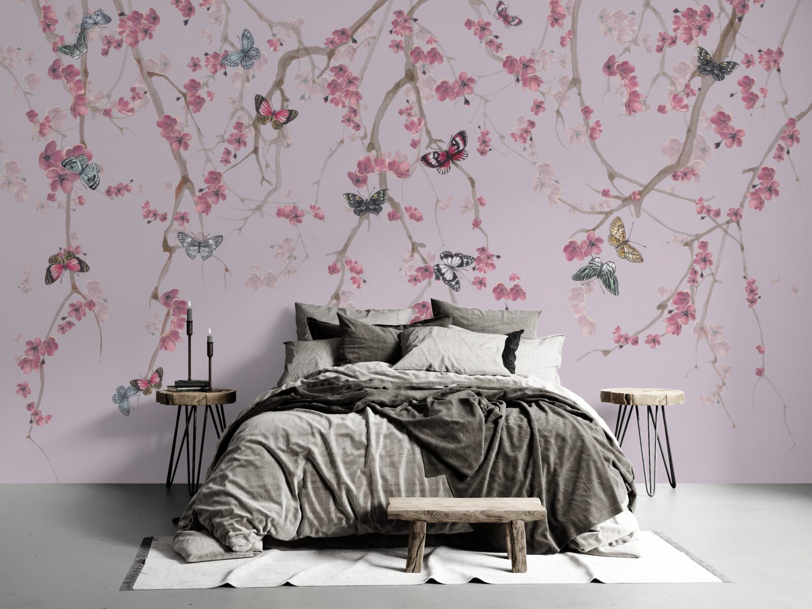 Papier peint branches avec fleurs roses et papillons
