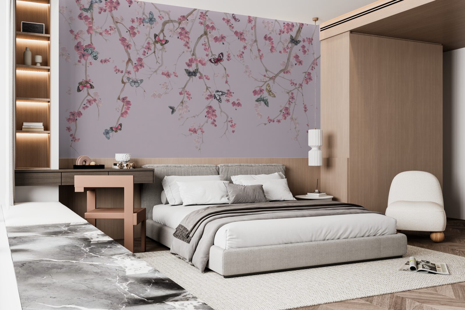 Papier peint branches avec fleurs roses et papillons