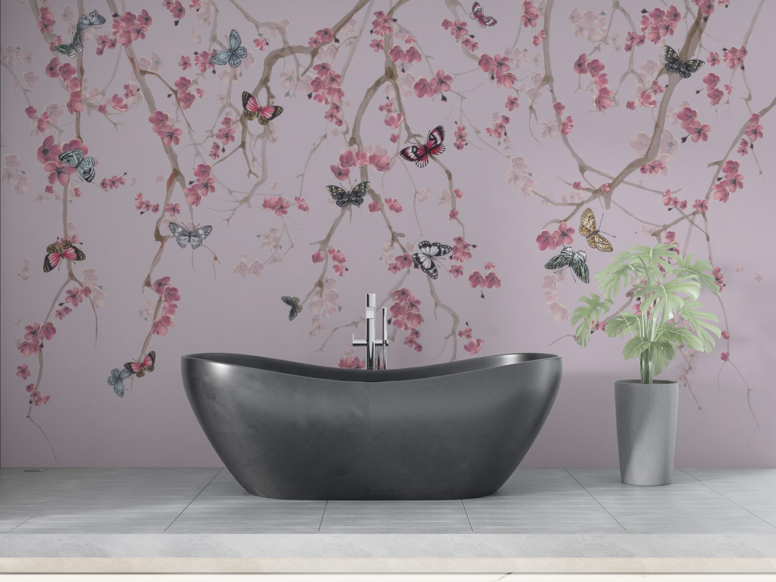 Papier peint branches avec fleurs roses et papillons