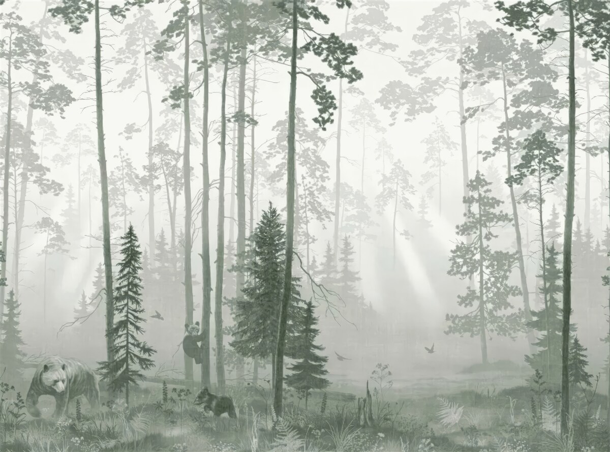 Papier peint ours dans une forêt enfumée