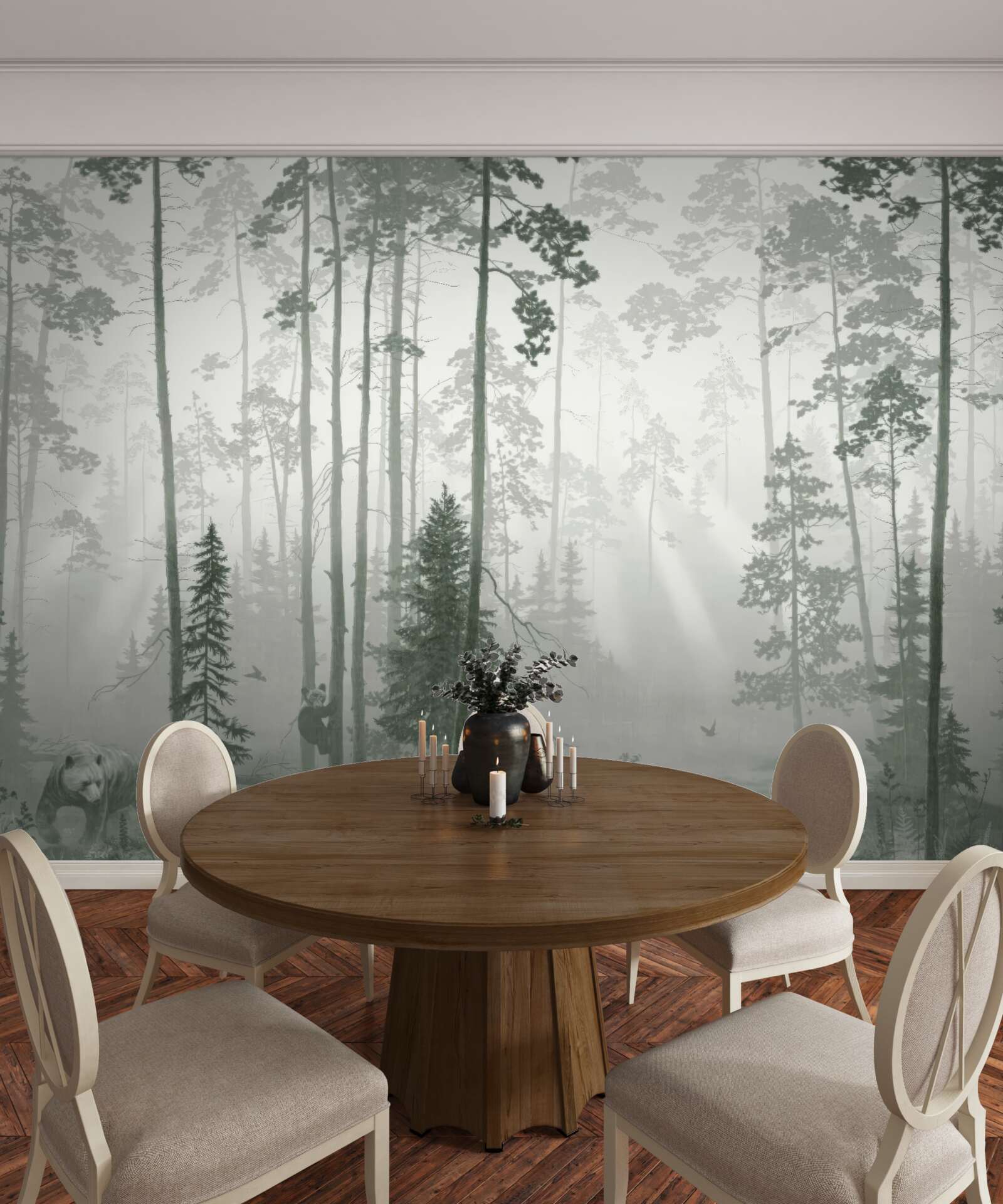 Papier peint ours dans une forêt enfumée