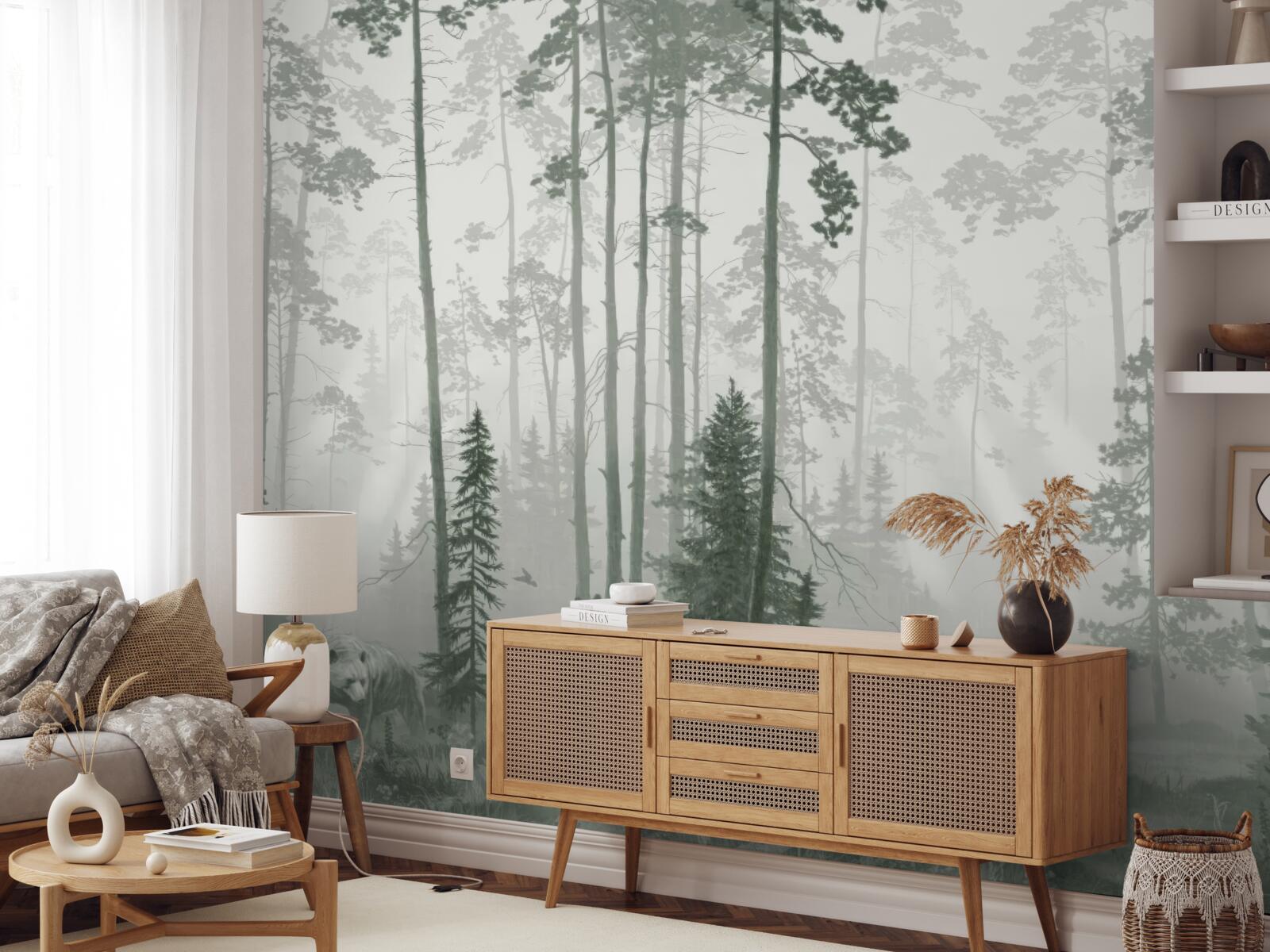 Papier peint ours dans une forêt enfumée