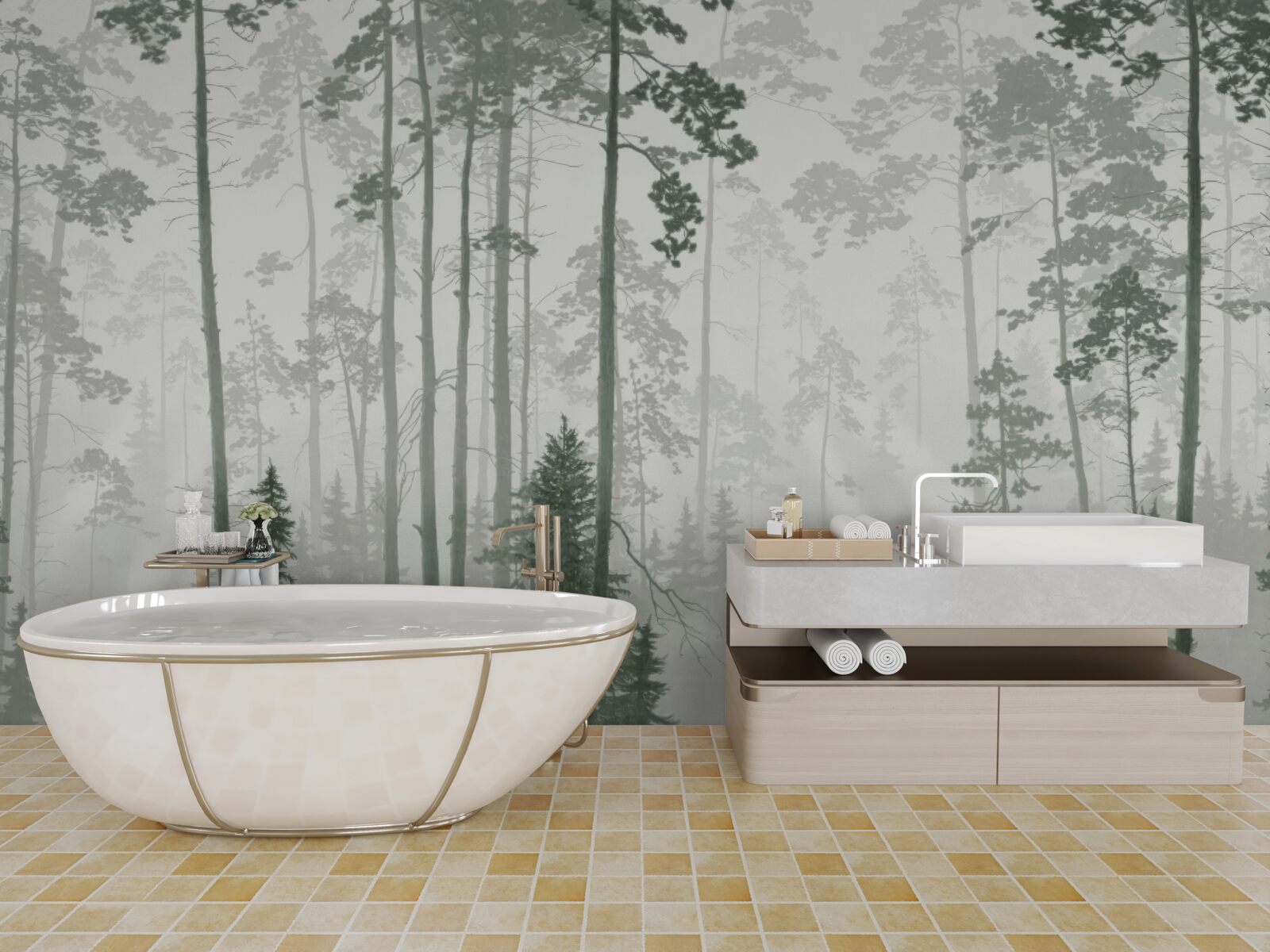 Papier peint ours dans une forêt enfumée