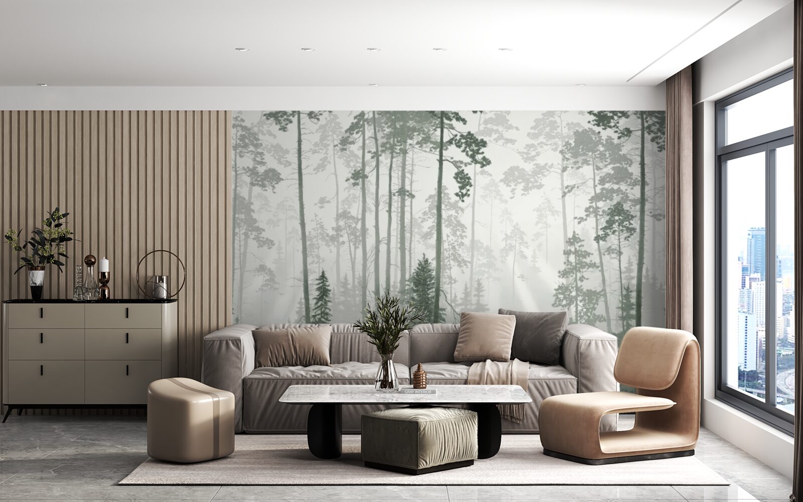 Papier peint ours dans une forêt enfumée