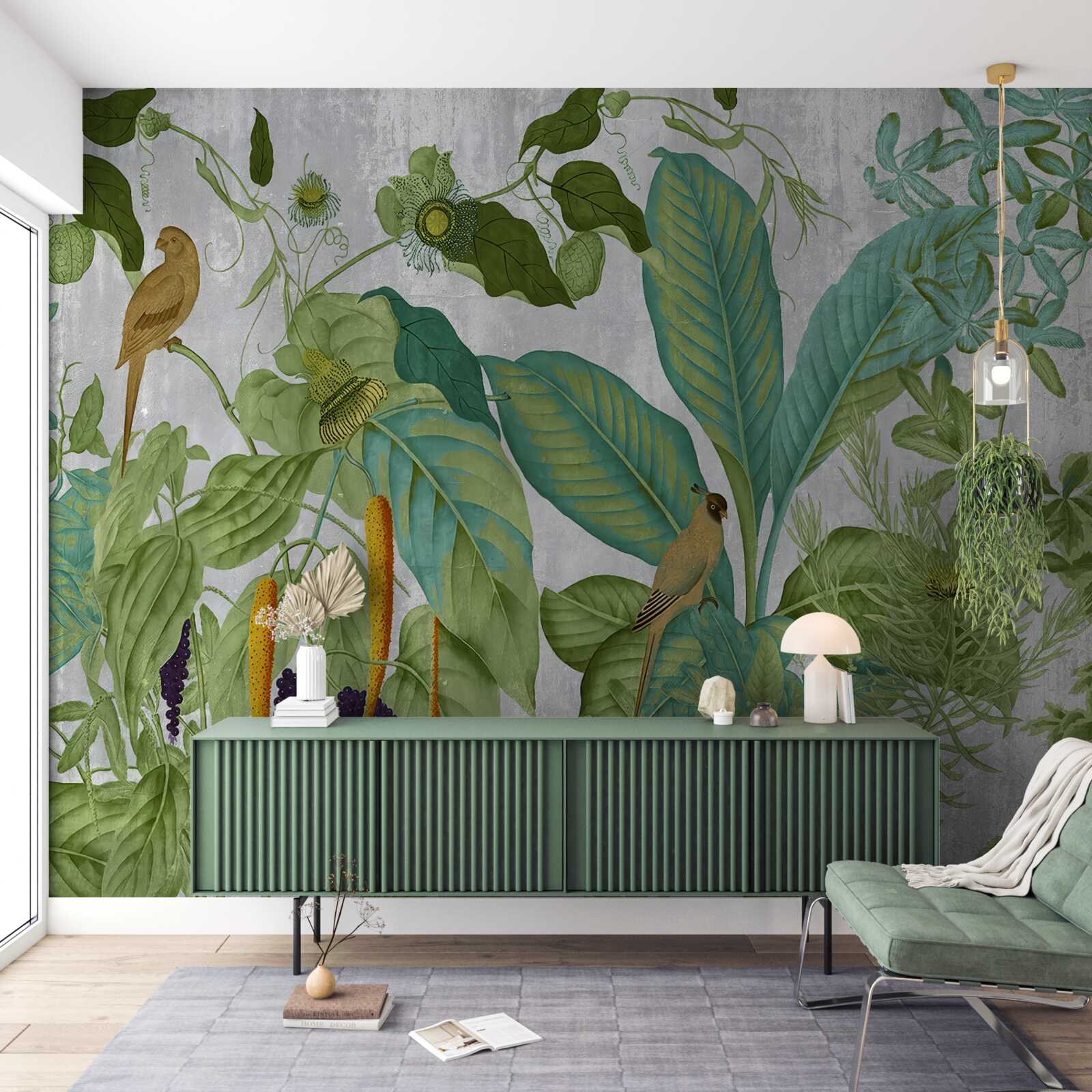 Papier peint parmi les feuilles vertes, il y a des perroquets