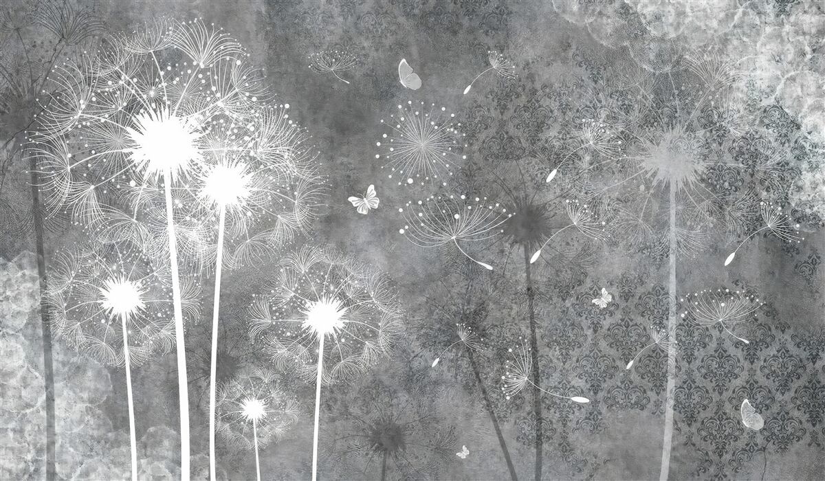 Papier peint silhouettes blanches de pissenlits sur fond gris