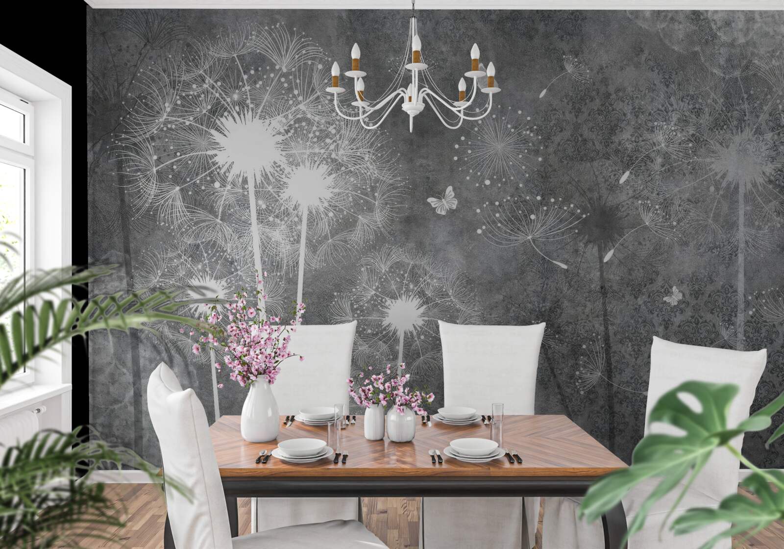 Papier peint silhouettes blanches de pissenlits sur fond gris