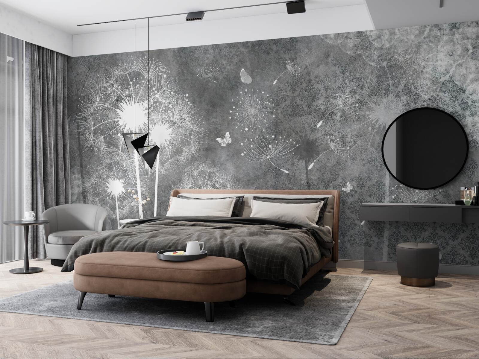 Papier peint silhouettes blanches de pissenlits sur fond gris