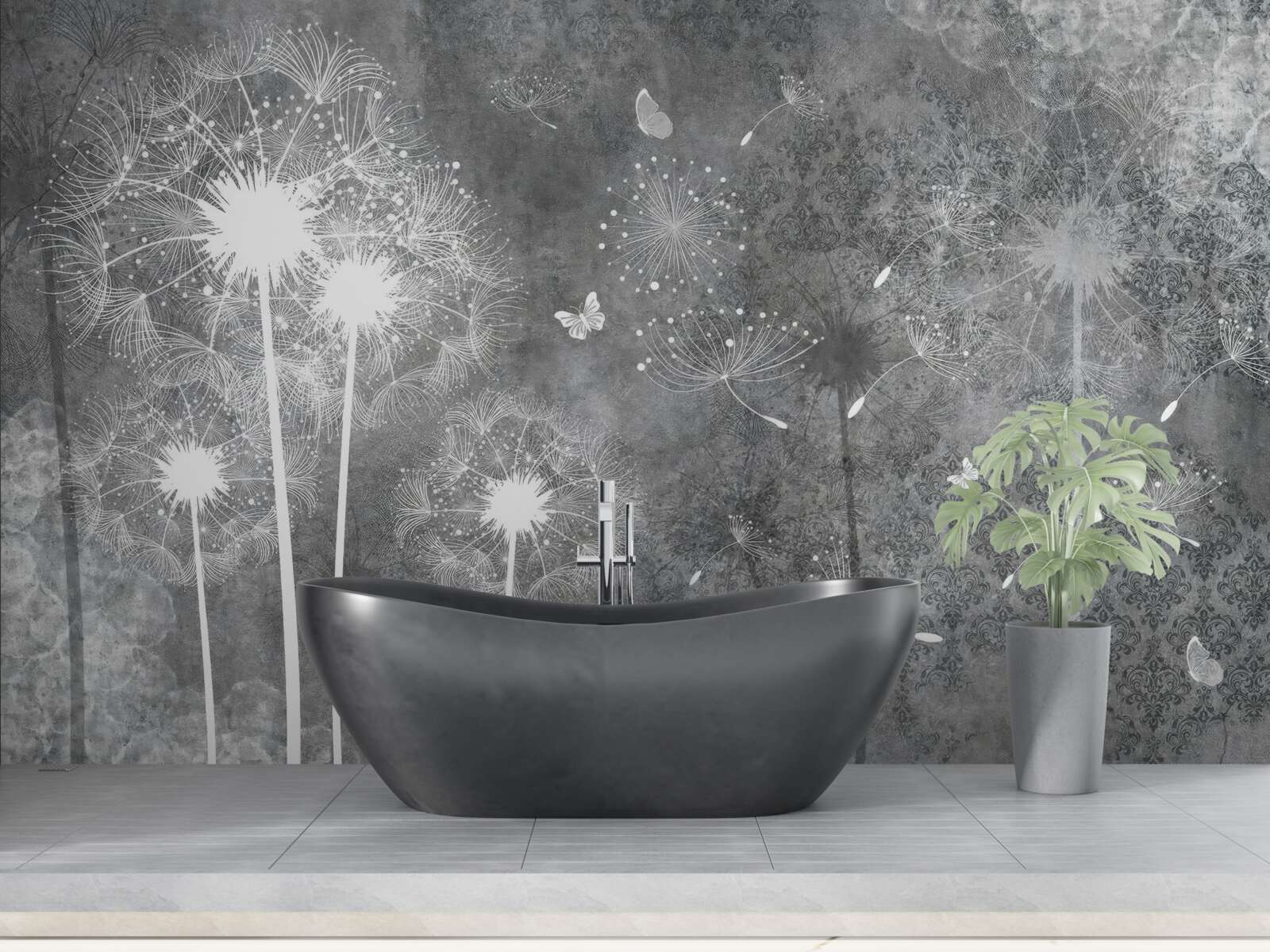 Papier peint silhouettes blanches de pissenlits sur fond gris