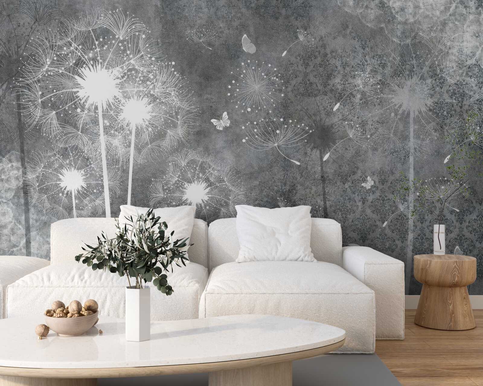 Papier peint silhouettes blanches de pissenlits sur fond gris