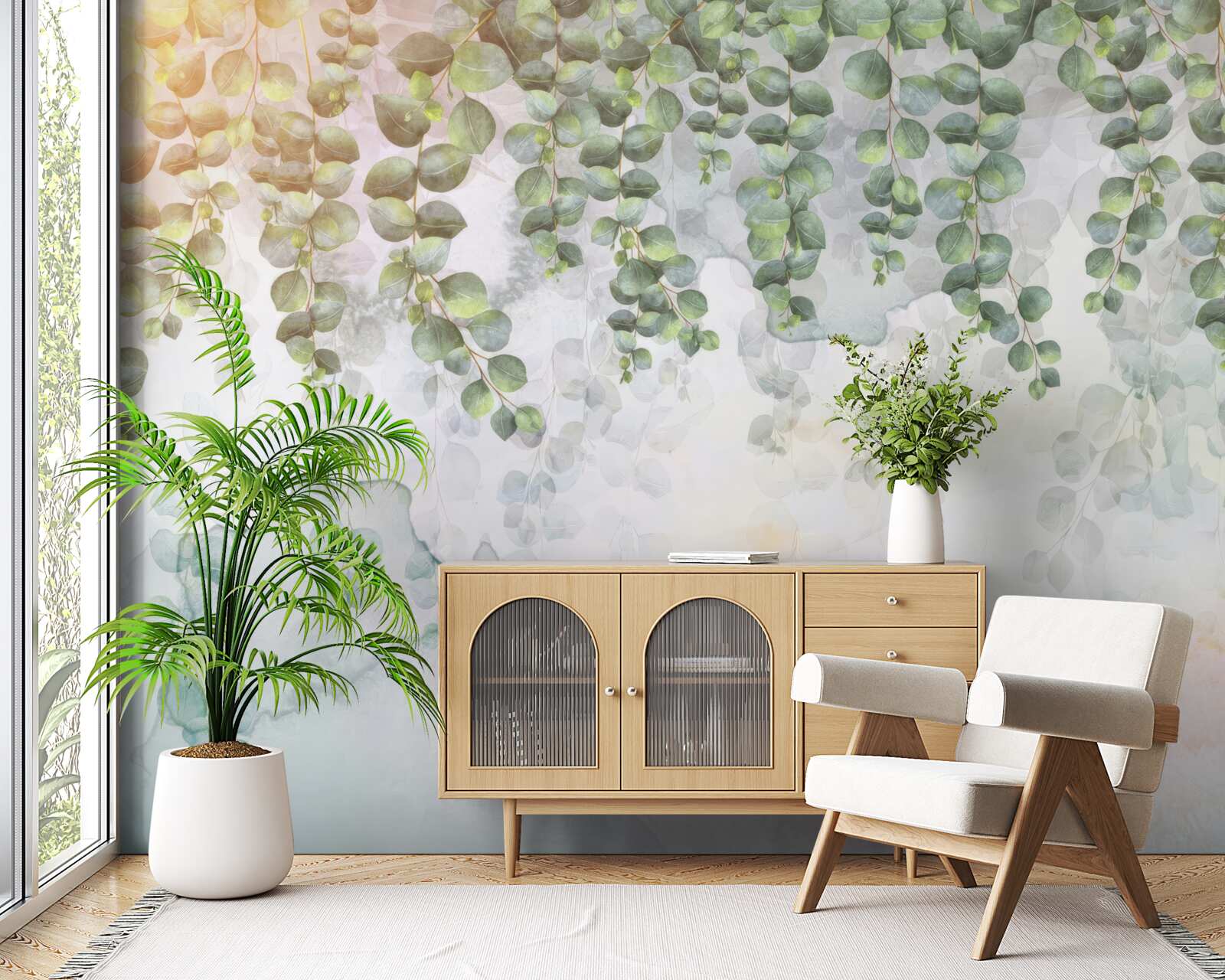 Papier peint branches pendantes avec des feuilles vertes