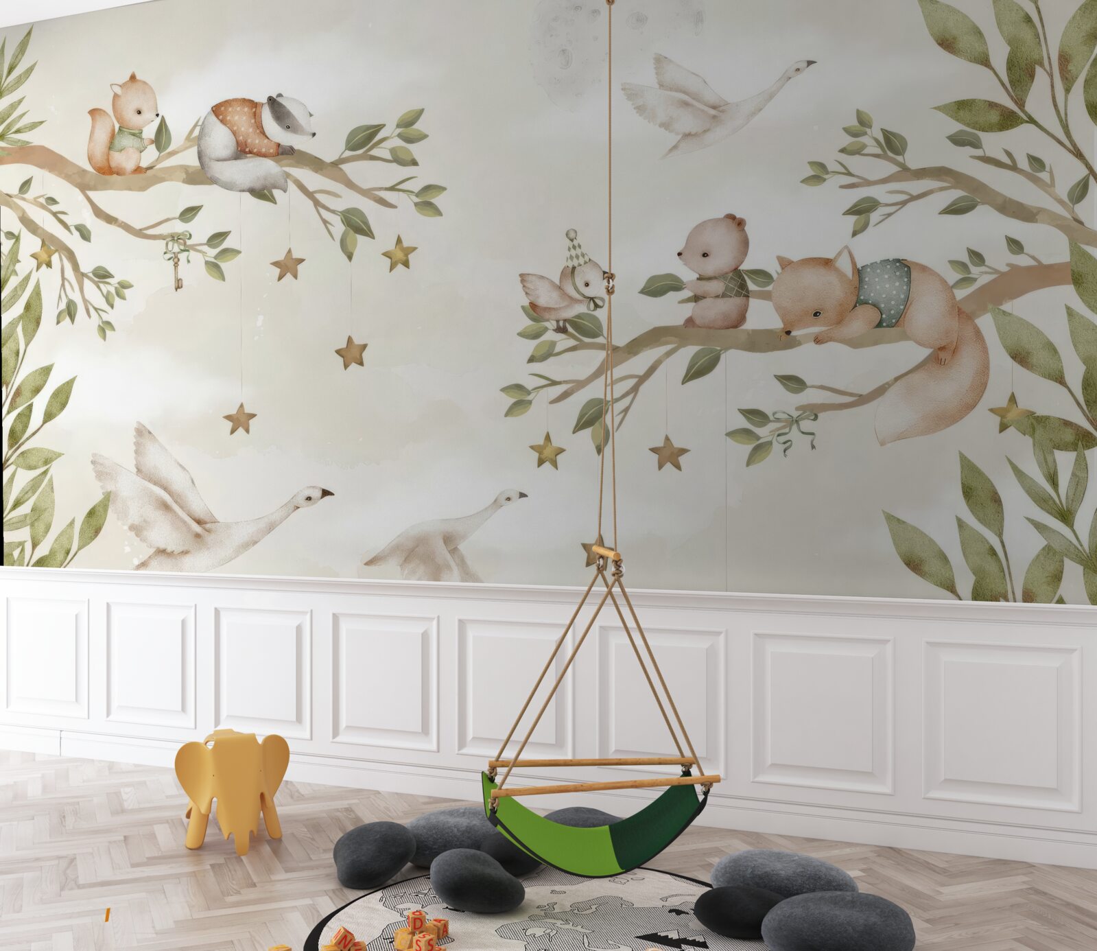 Papier peint divers animaux étaient assis sur les branches de l'arbre