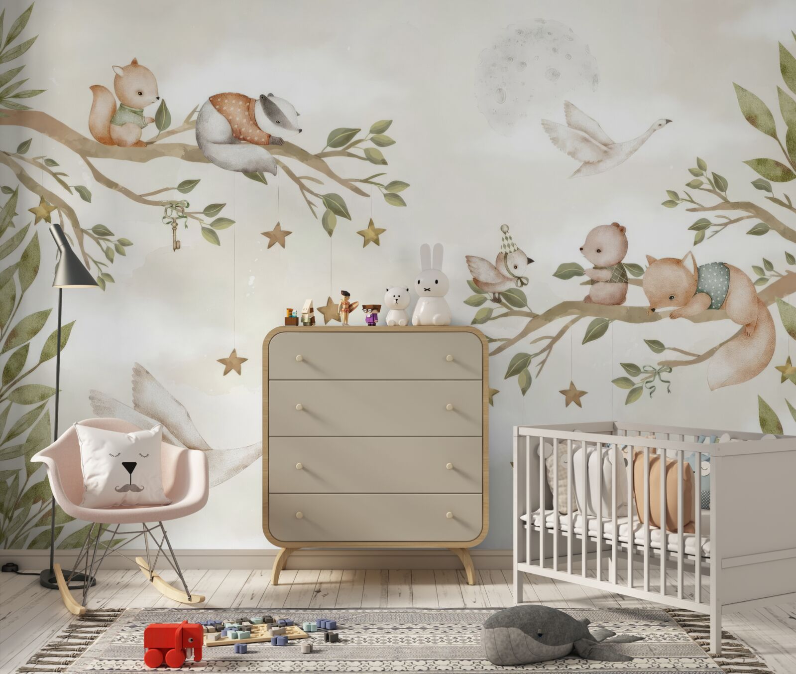 Papier peint divers animaux étaient assis sur les branches de l'arbre