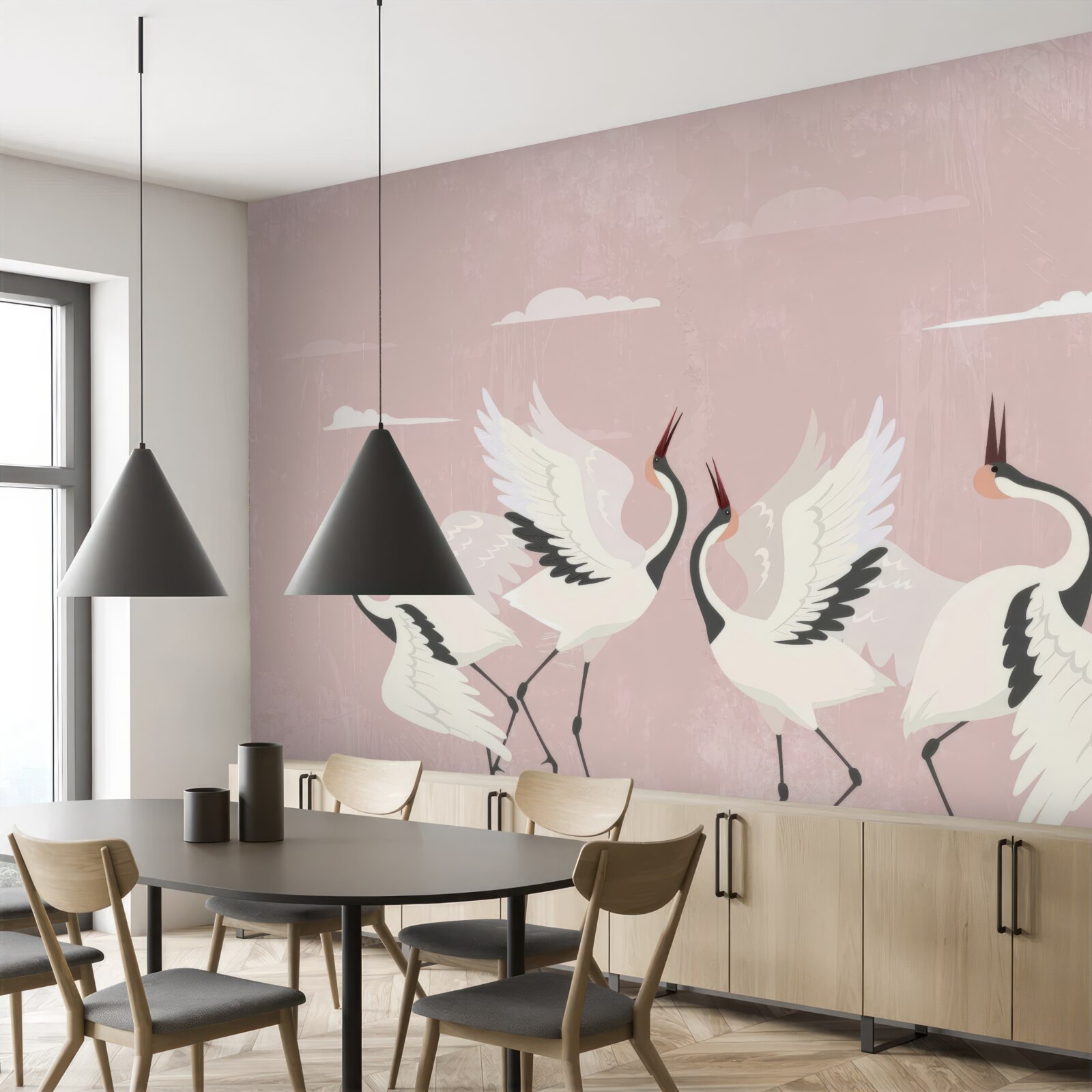 Papier peint les cigognes tendent le cou et regardent en l'air