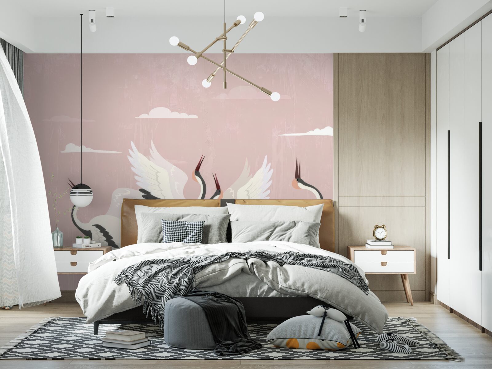 Papier peint les cigognes tendent le cou et regardent en l'air