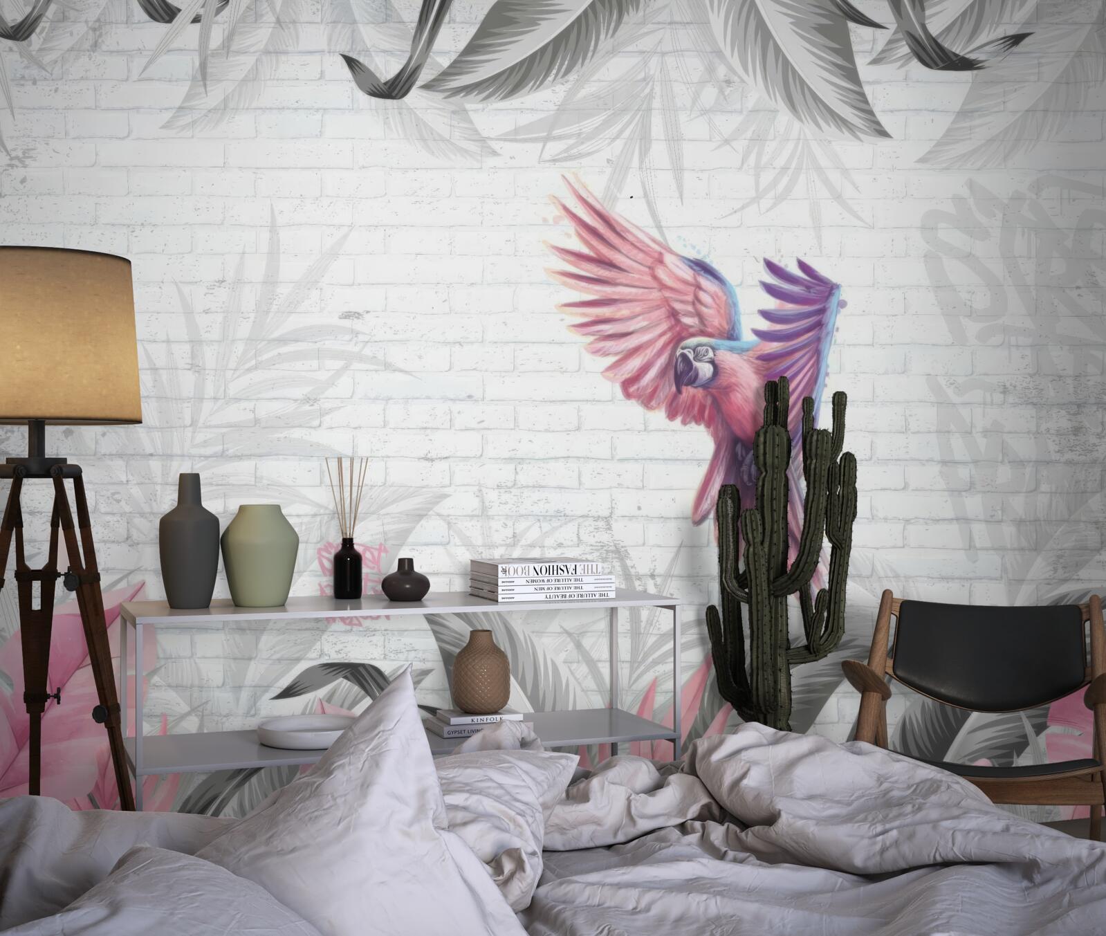 Papier peint perroquet rose