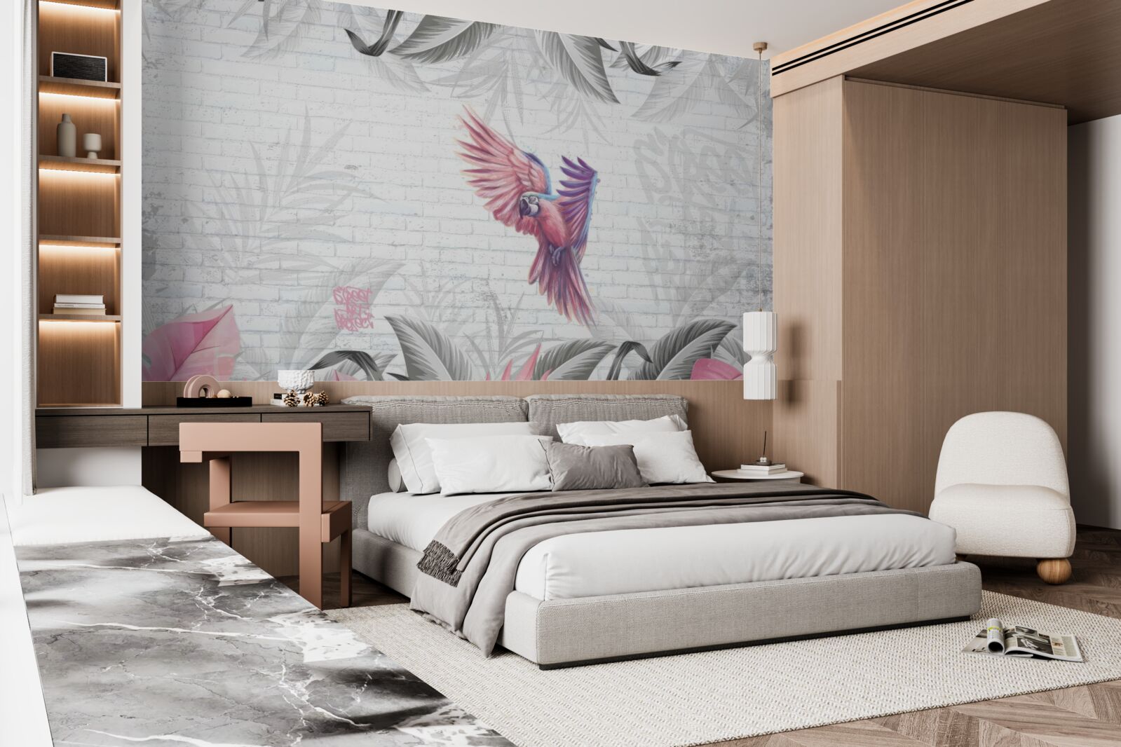 Papier peint perroquet rose