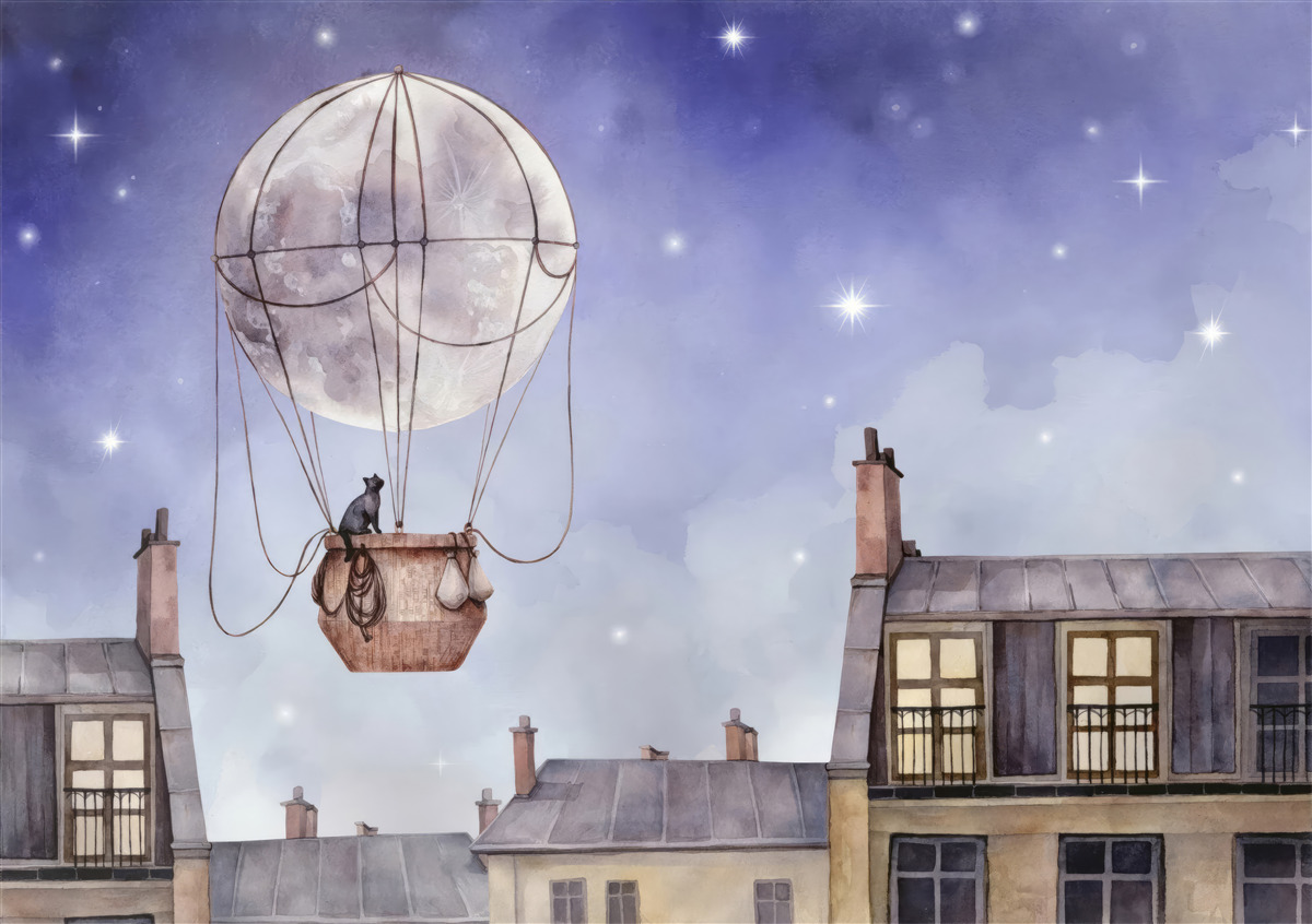 Papier peint le chat survole les maisons en ballon
