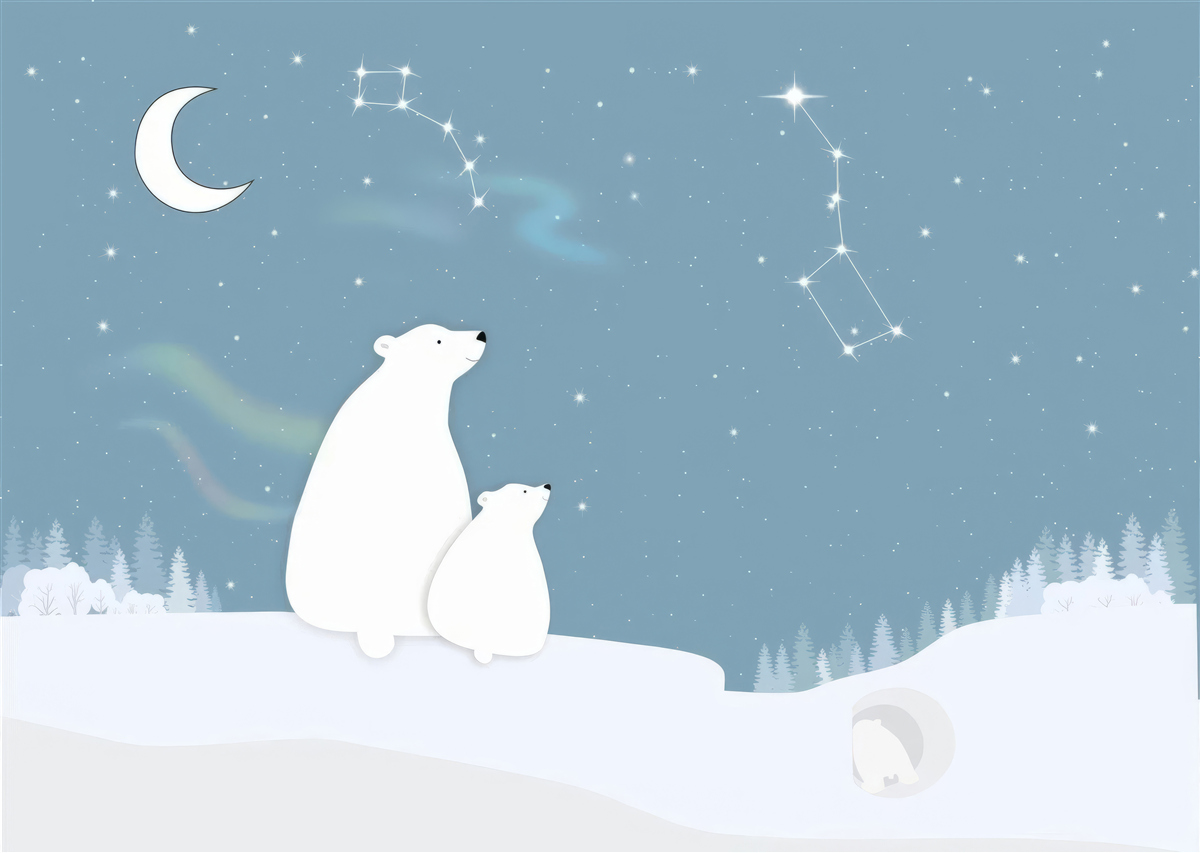 Papier peint une ourse et ses petits regardent les étoiles