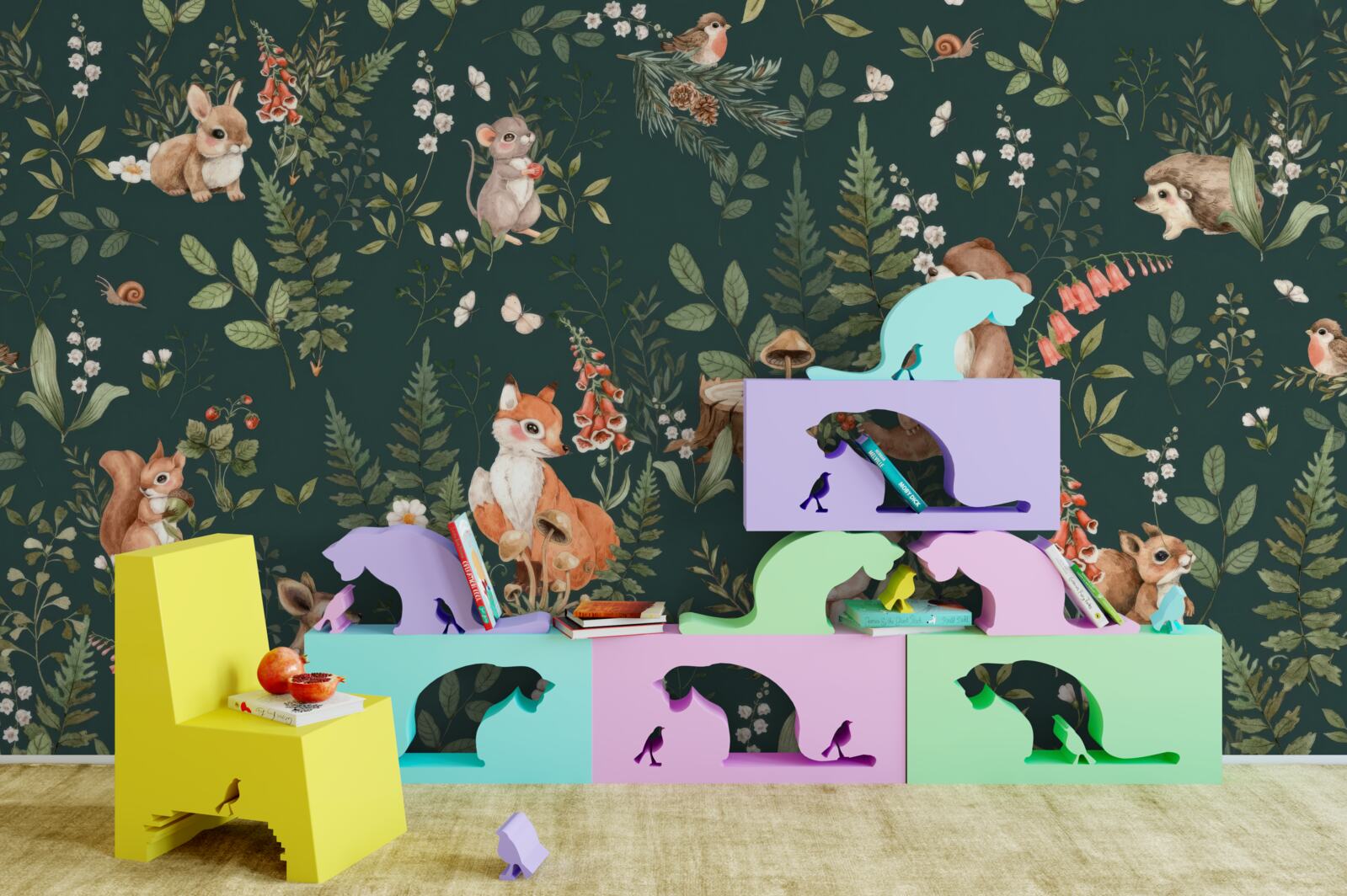 Papier peint parmi les feuilles vertes, il y a différents animaux