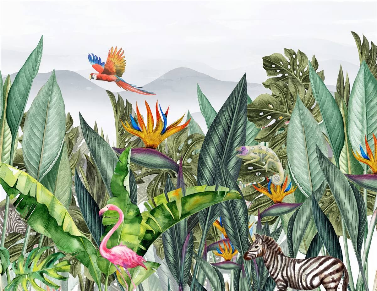 Papier peint verdure variée avec des animaux et des oiseaux