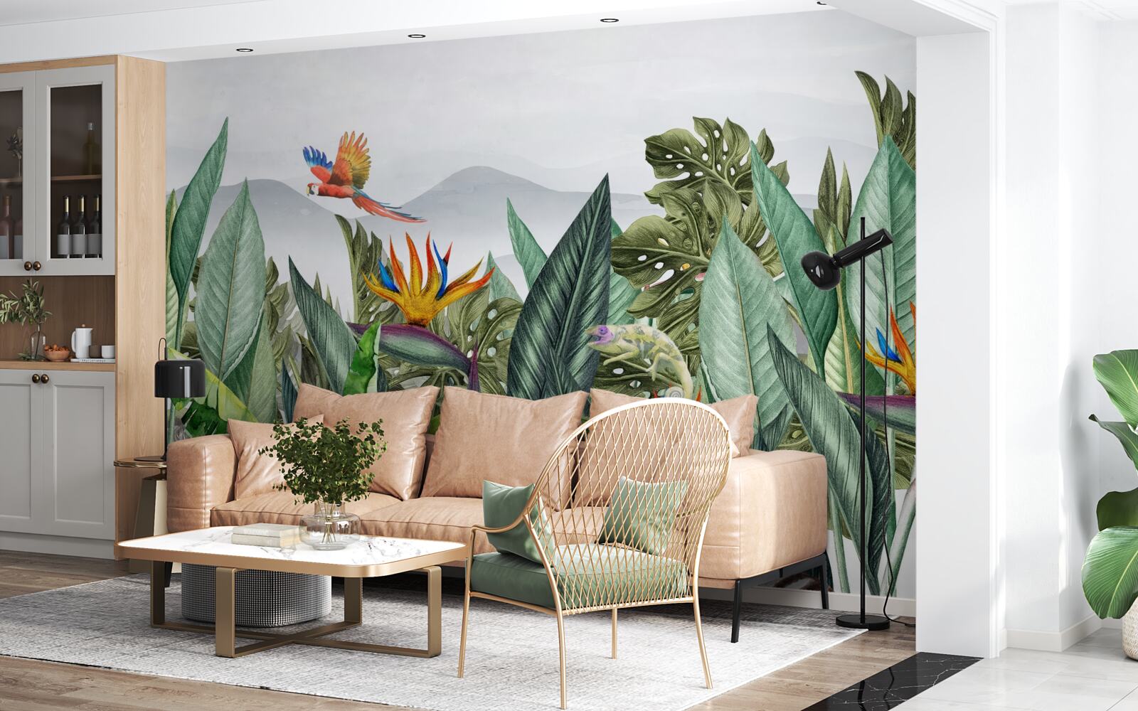 Papier peint verdure variée avec des animaux et des oiseaux