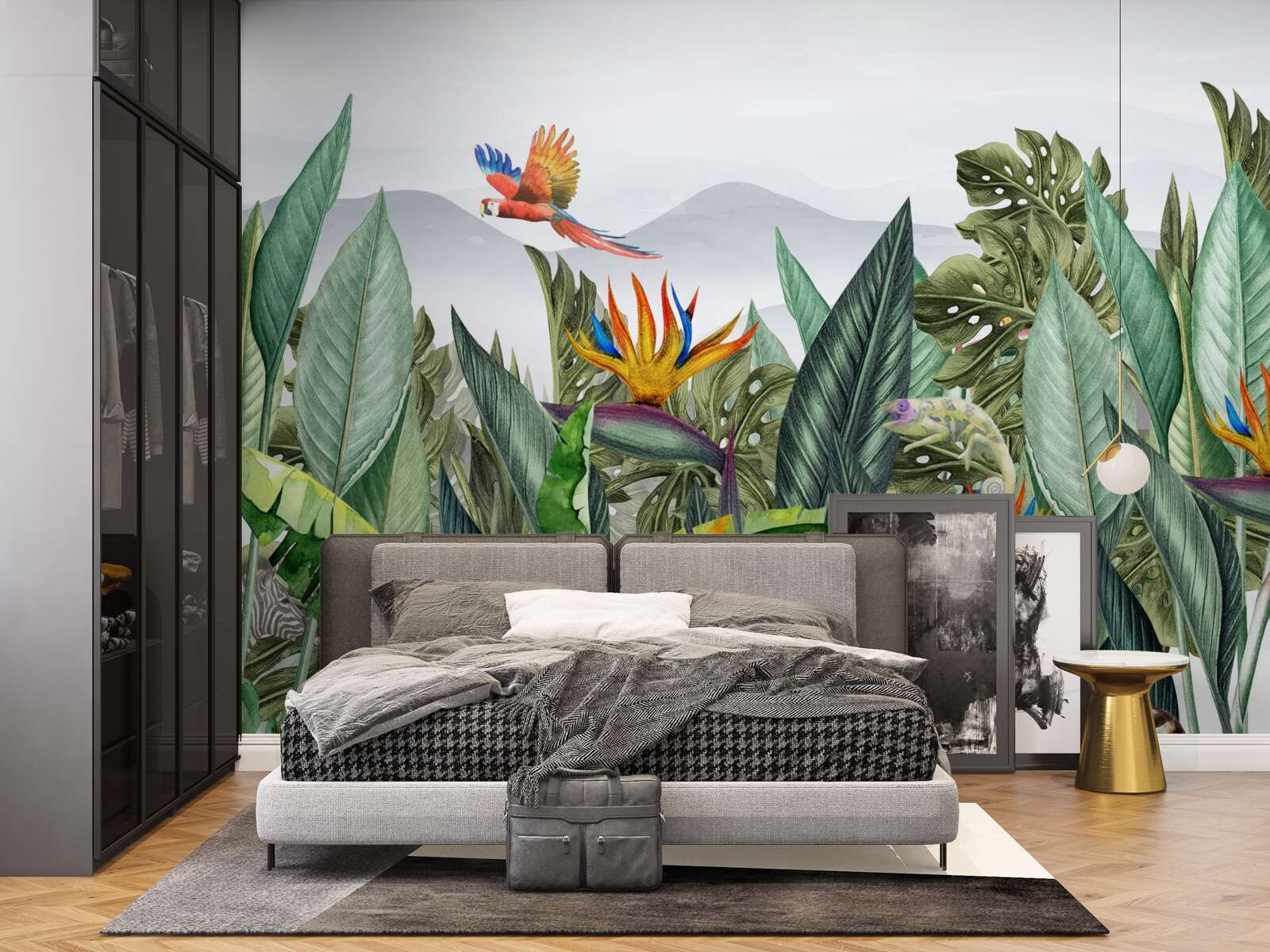 Papier peint verdure variée avec des animaux et des oiseaux