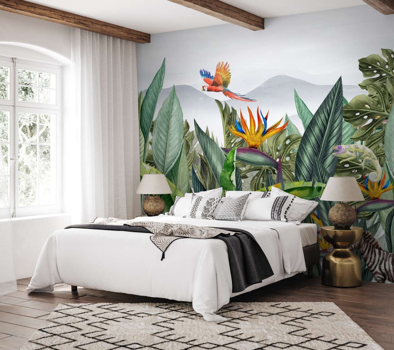 Papier peint verdure variée avec des animaux et des oiseaux