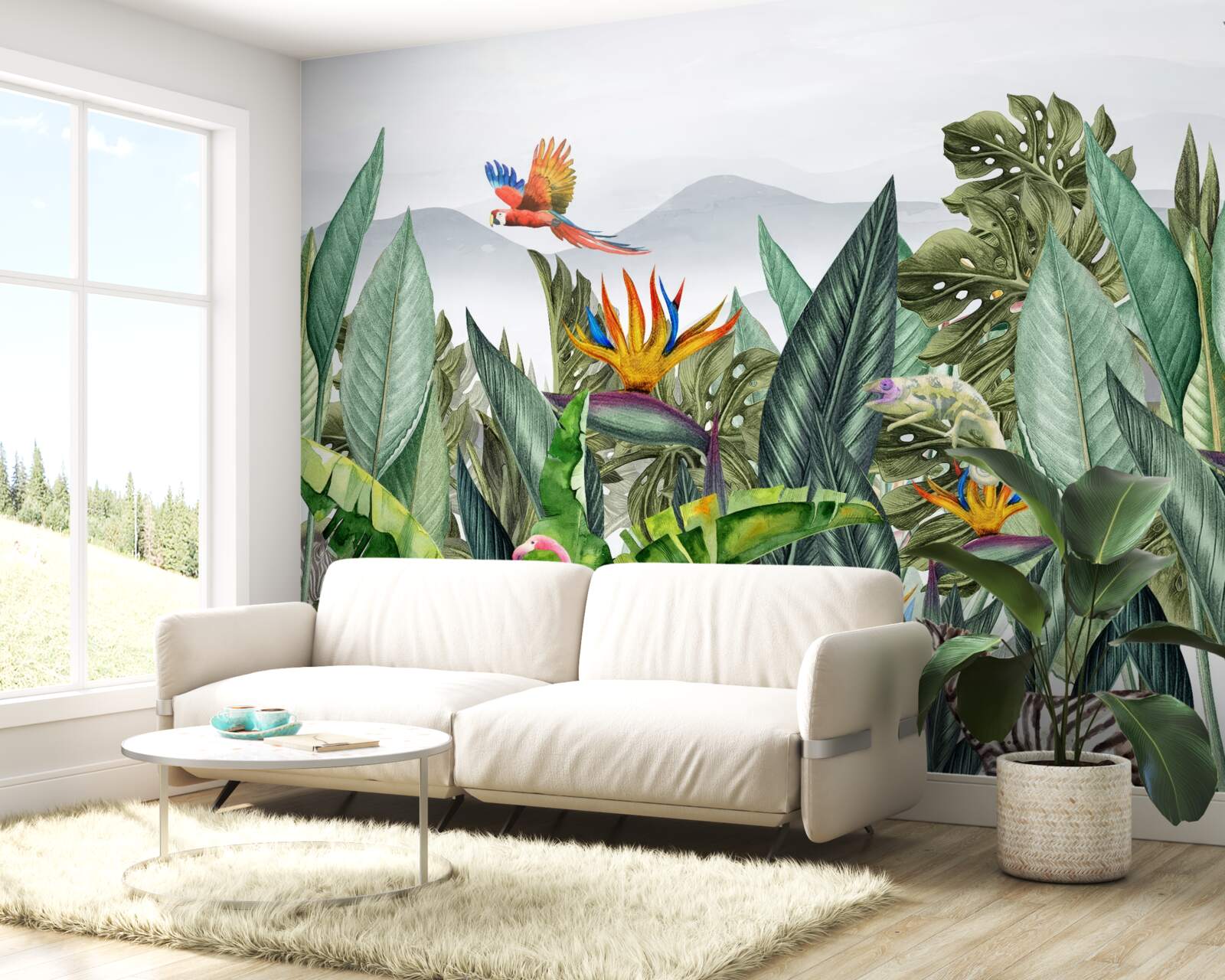 Papier peint verdure variée avec des animaux et des oiseaux