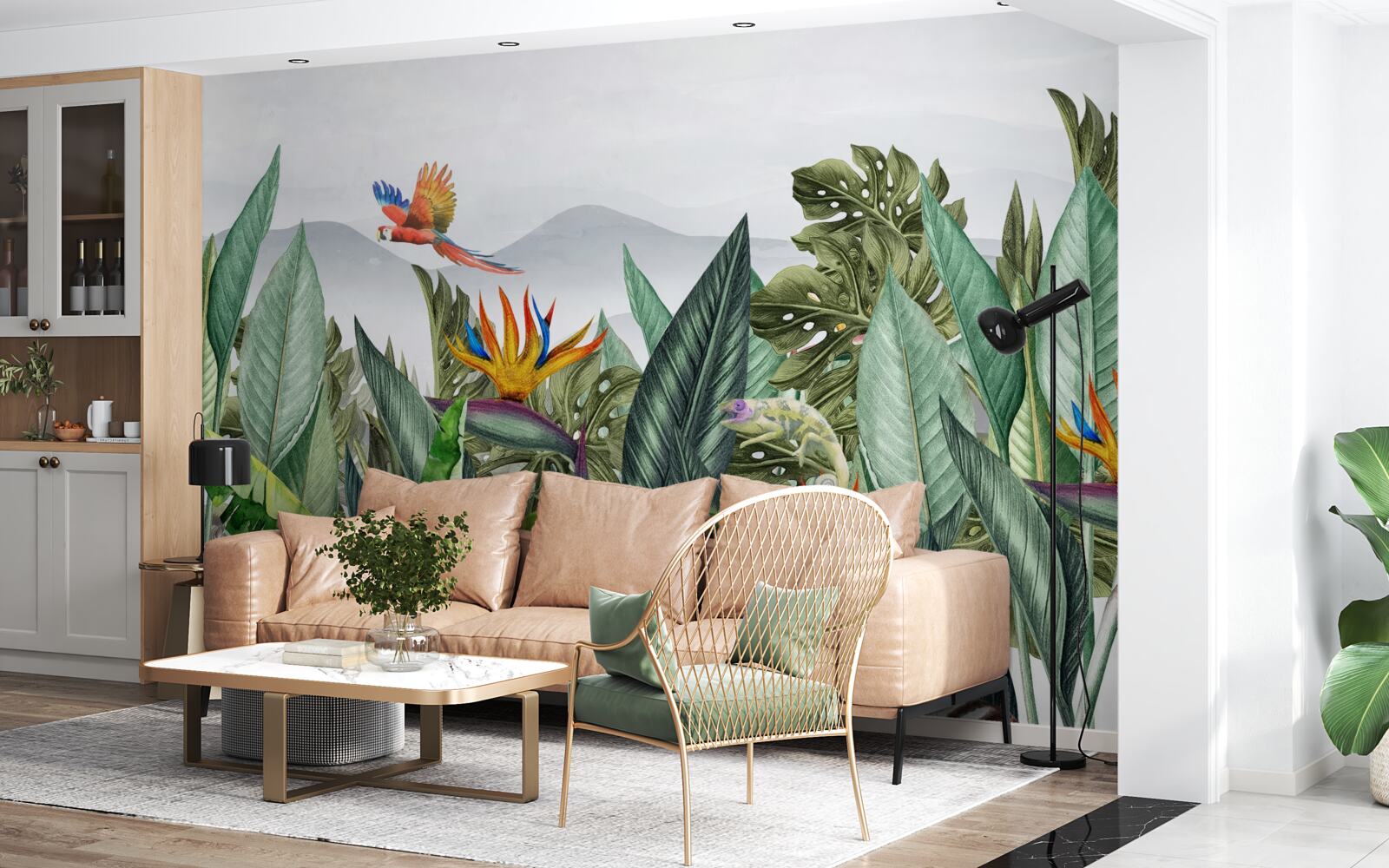 Papier peint verdure variée avec des animaux et des oiseaux