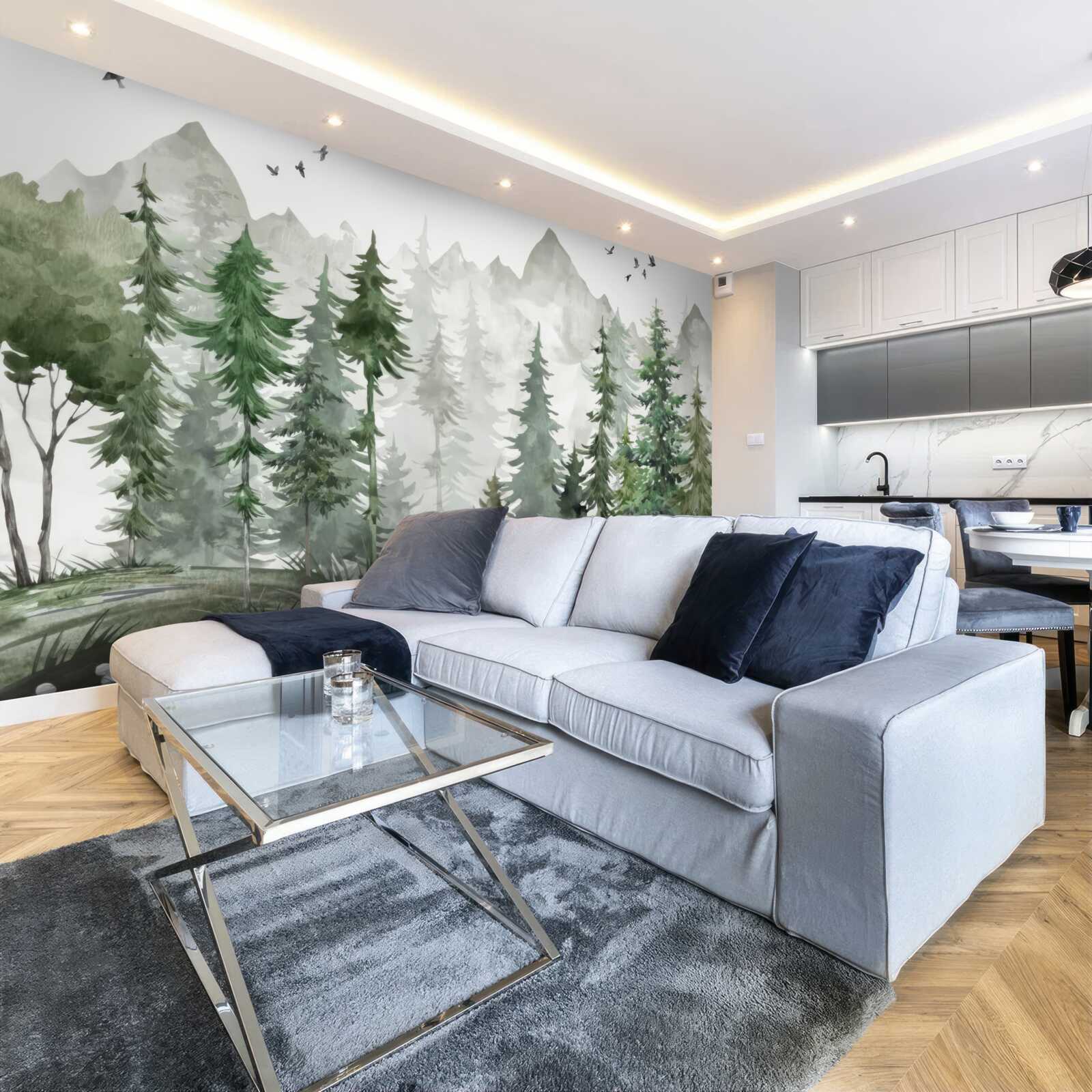 Papier peint forêt et montagnes peintes à l'aquarelle