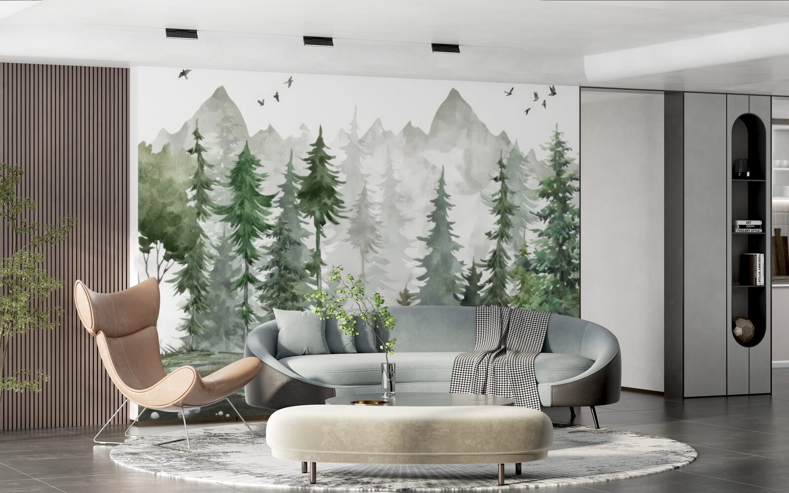 Papier peint forêt et montagnes peintes à l'aquarelle