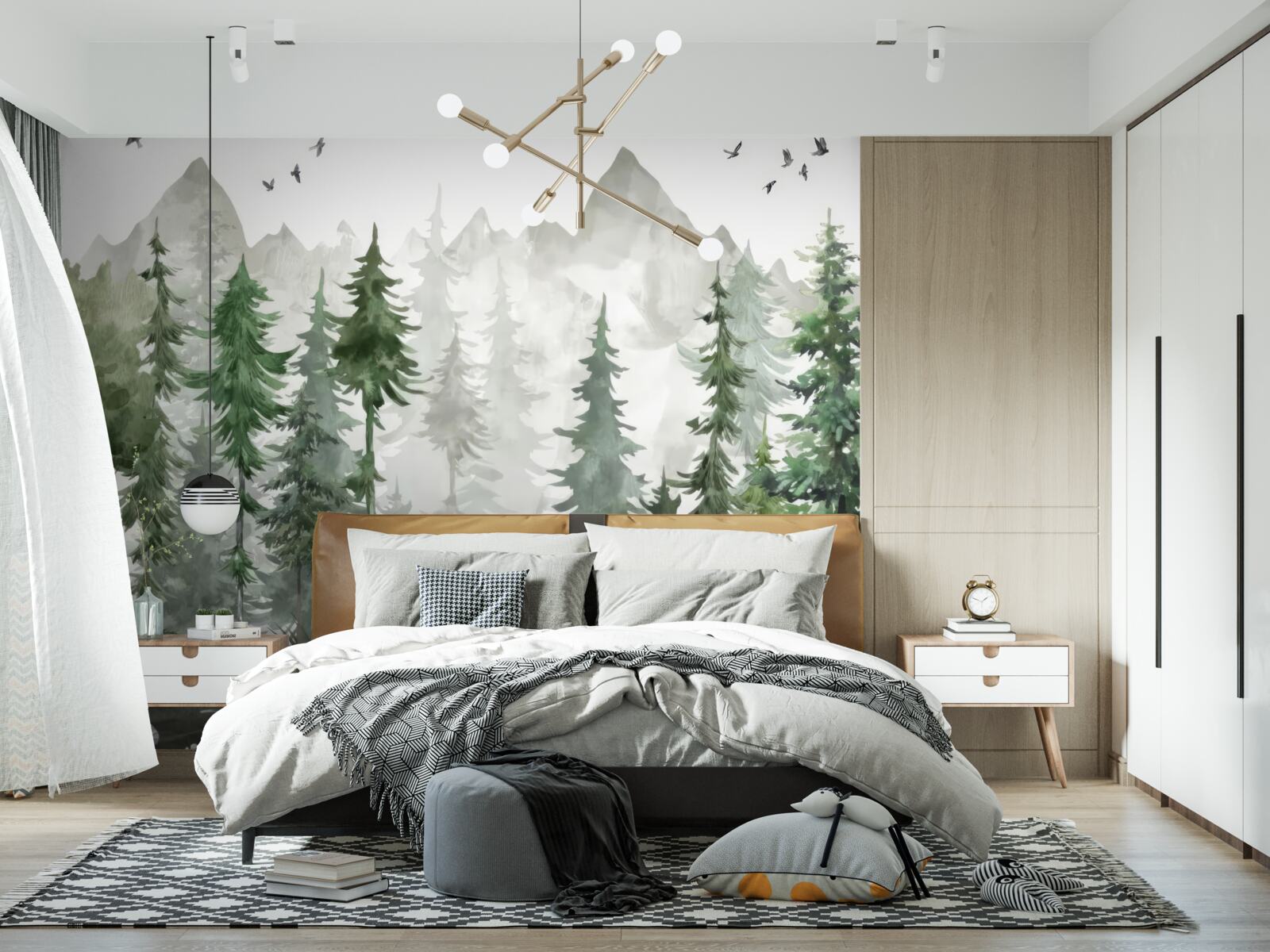 Papier peint forêt et montagnes peintes à l'aquarelle