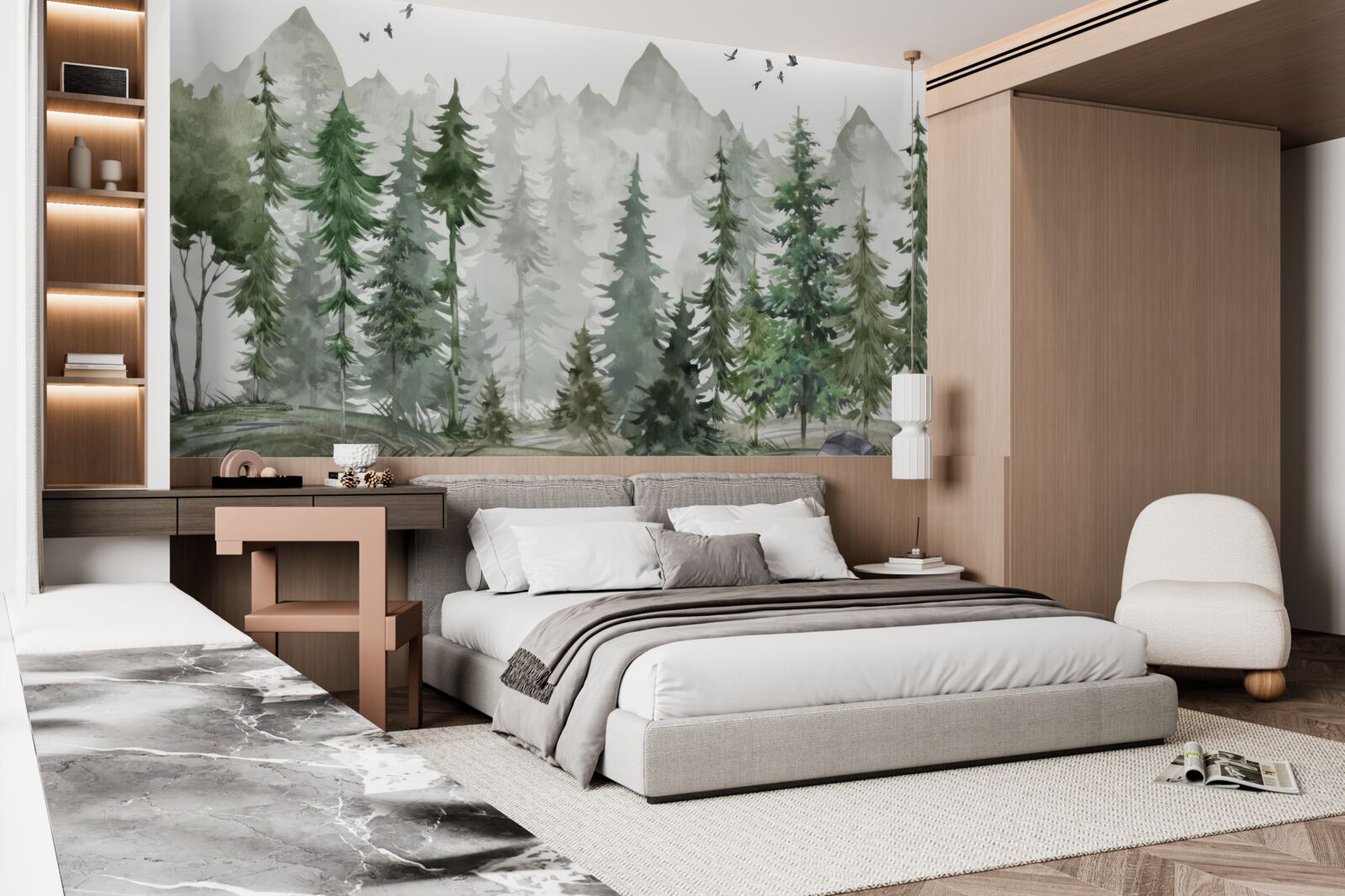 Papier peint forêt et montagnes peintes à l'aquarelle