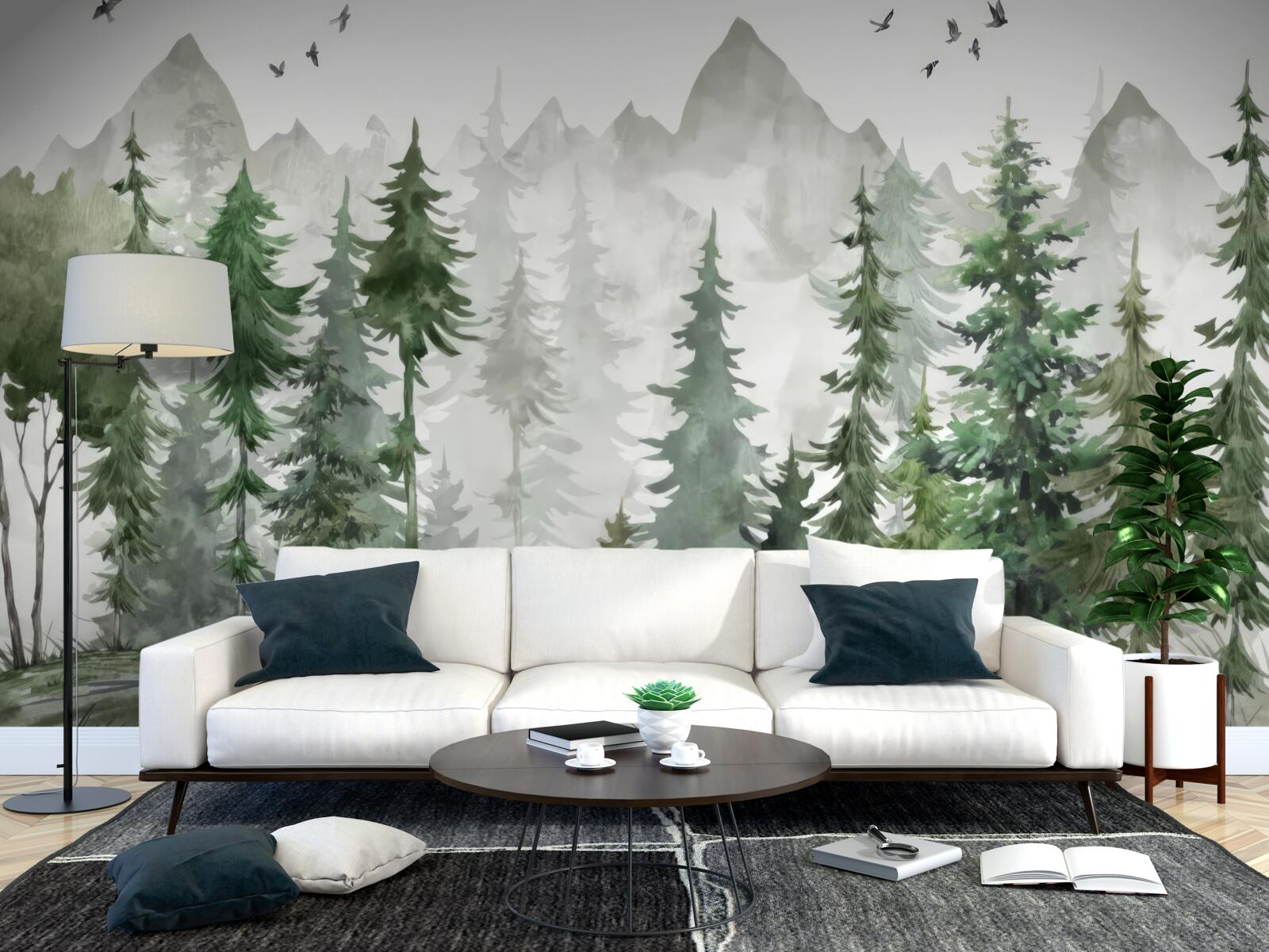 Papier peint forêt et montagnes peintes à l'aquarelle