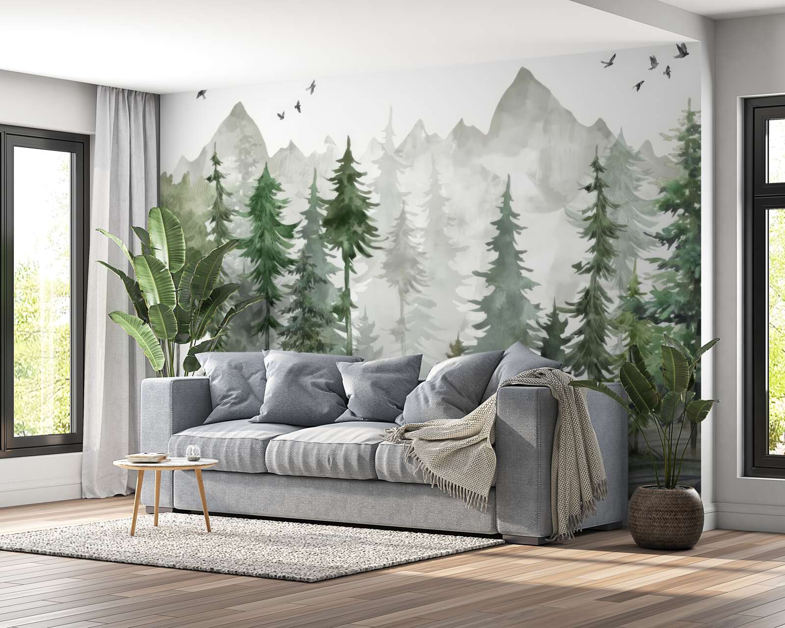 Papier peint forêt et montagnes peintes à l'aquarelle