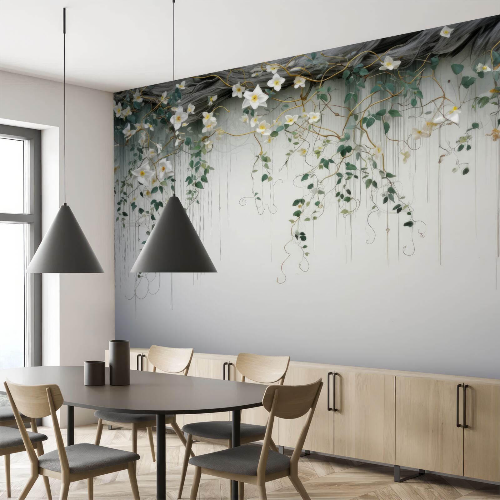 Papier peint branches avec des fleurs blanches