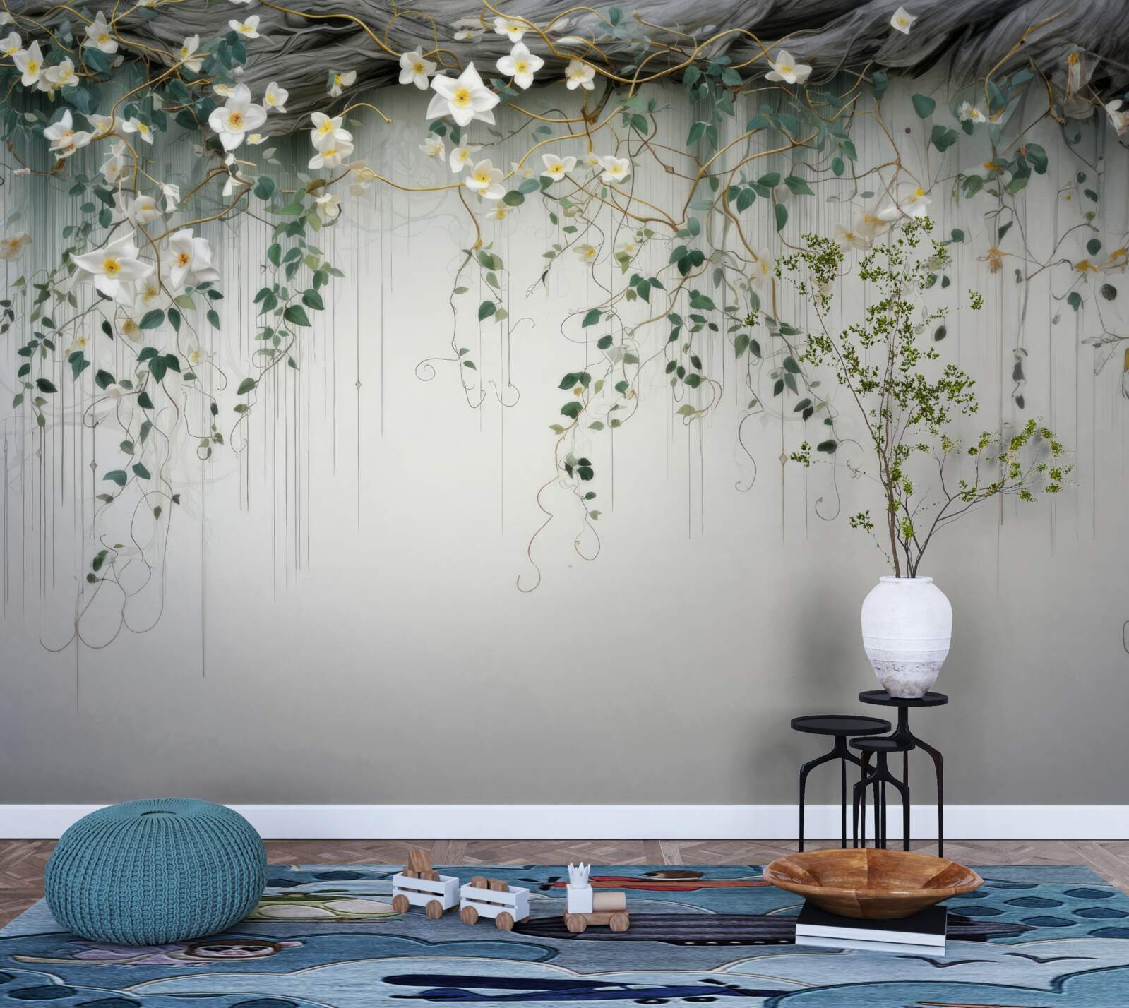 Papier peint branches avec des fleurs blanches