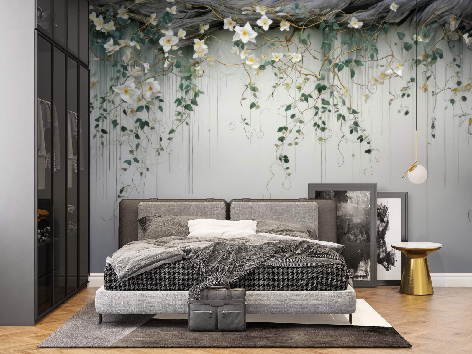 Papier peint branches avec des fleurs blanches