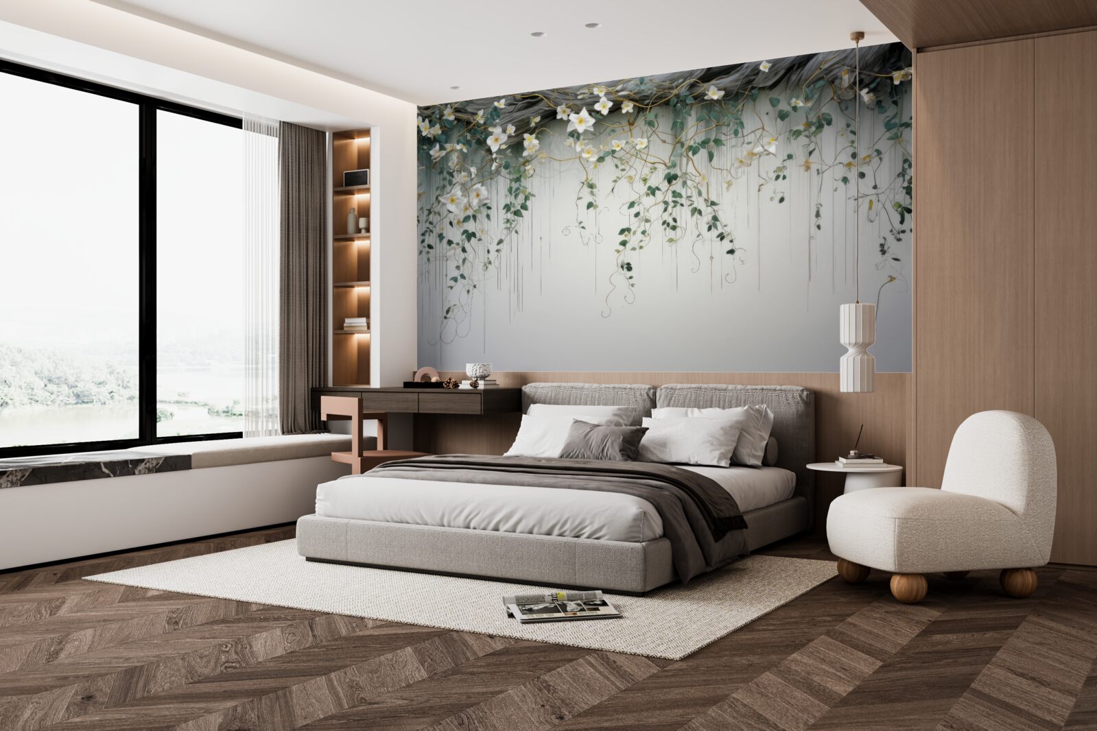 Papier peint branches avec des fleurs blanches