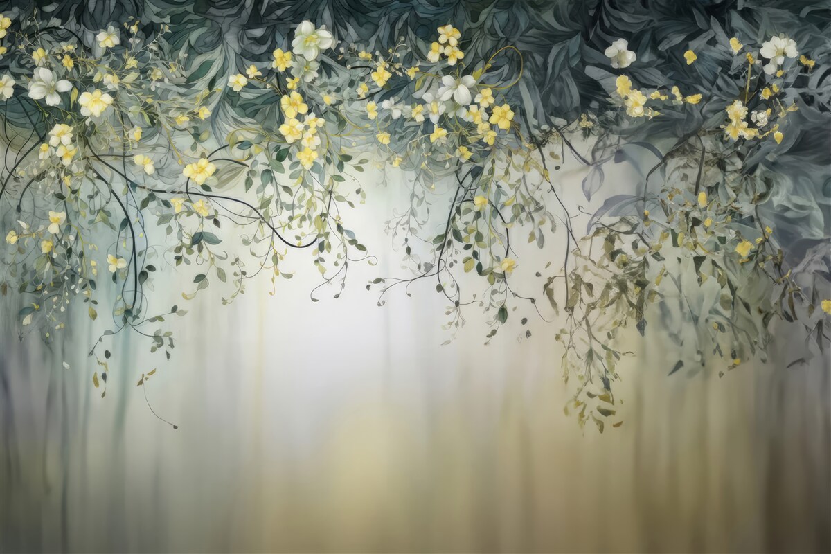 Papier peint plantes vertes avec des fleurs jaunes pendantes