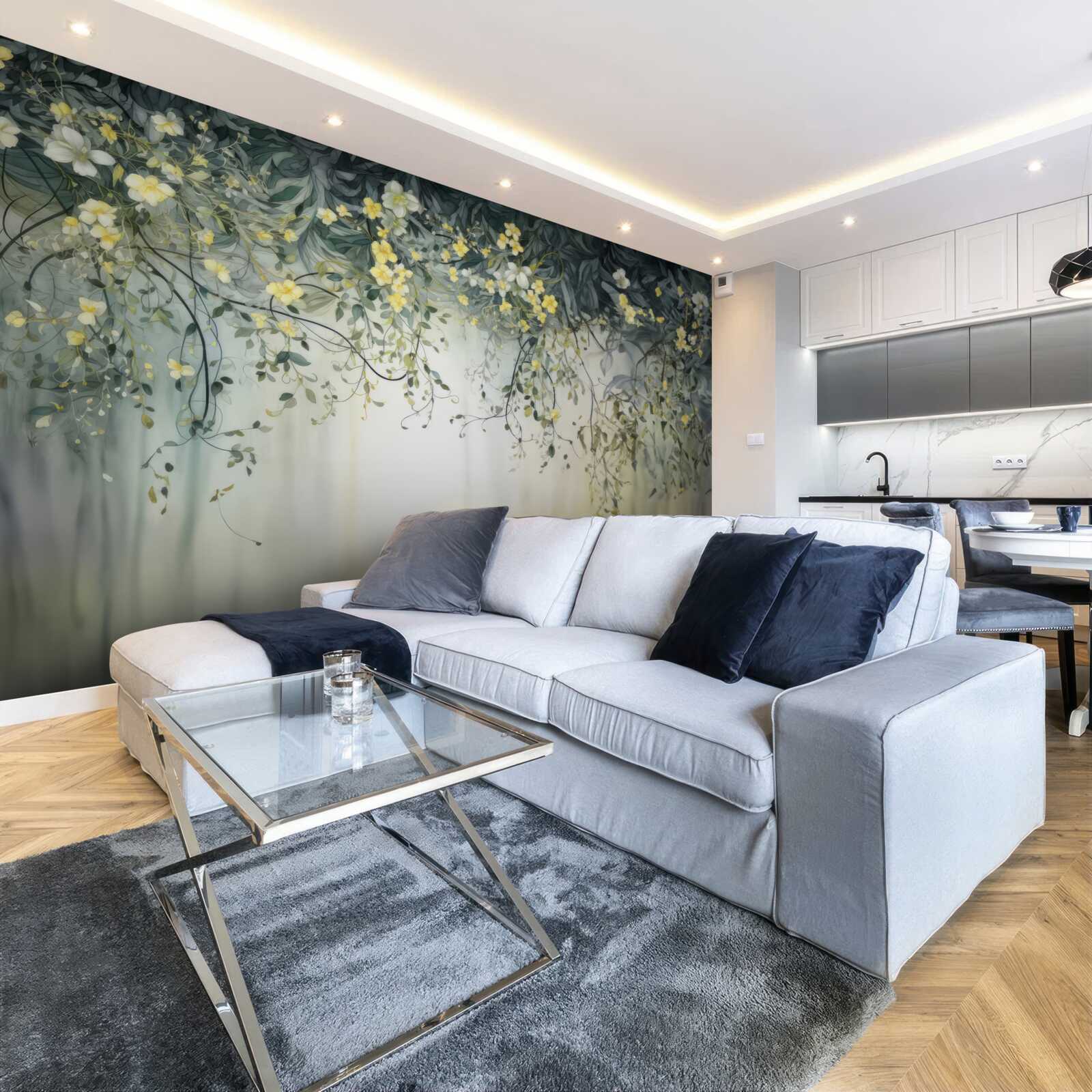 Papier peint plantes vertes avec des fleurs jaunes pendantes