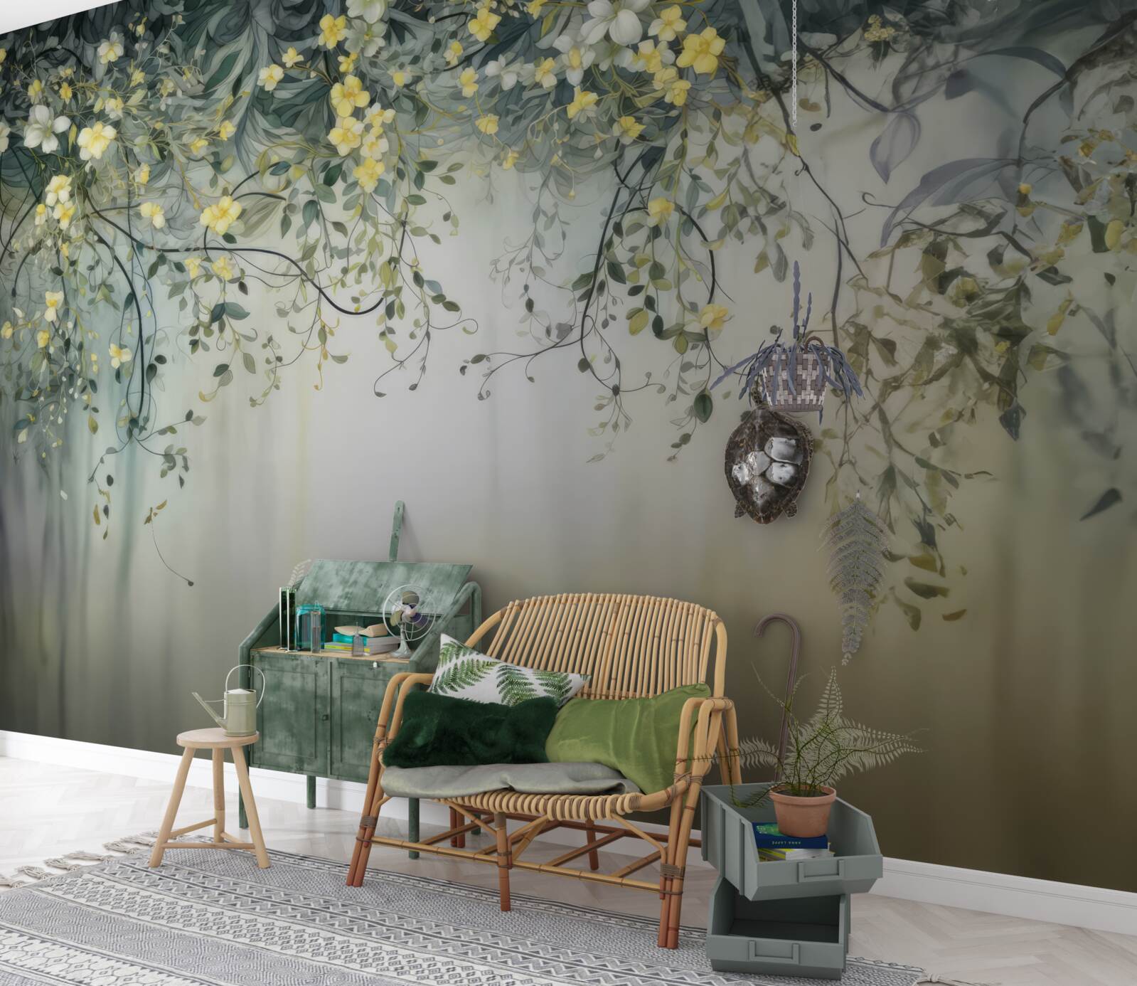 Papier peint plantes vertes avec des fleurs jaunes pendantes