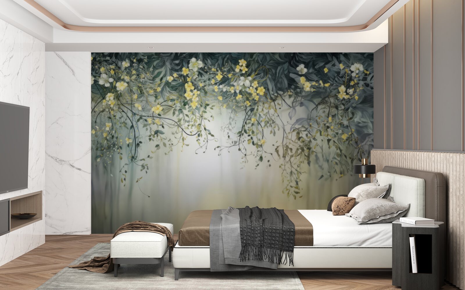 Papier peint plantes vertes avec des fleurs jaunes pendantes