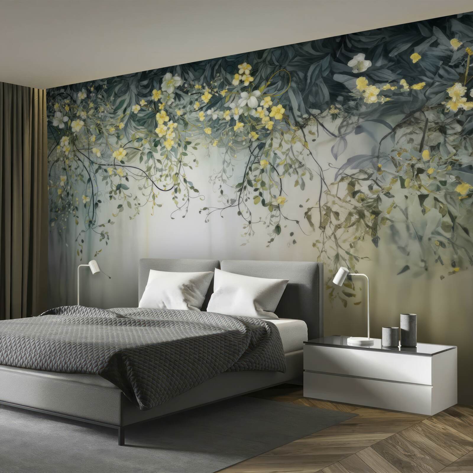 Papier peint plantes vertes avec des fleurs jaunes pendantes