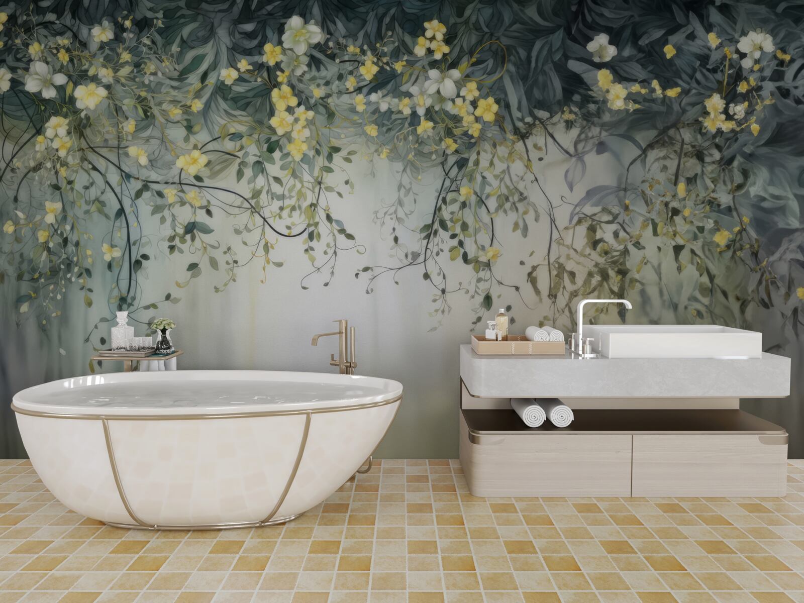 Papier peint plantes vertes avec des fleurs jaunes pendantes