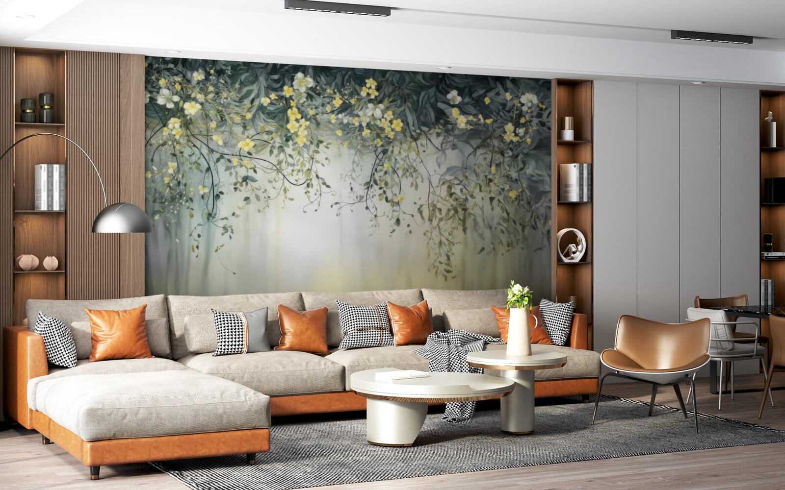 Papier peint plantes vertes avec des fleurs jaunes pendantes