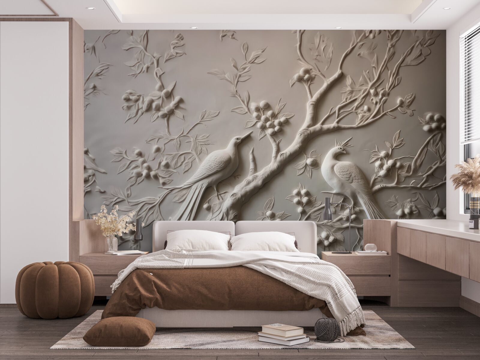 Papier peint une branche luxuriante et un oiseau