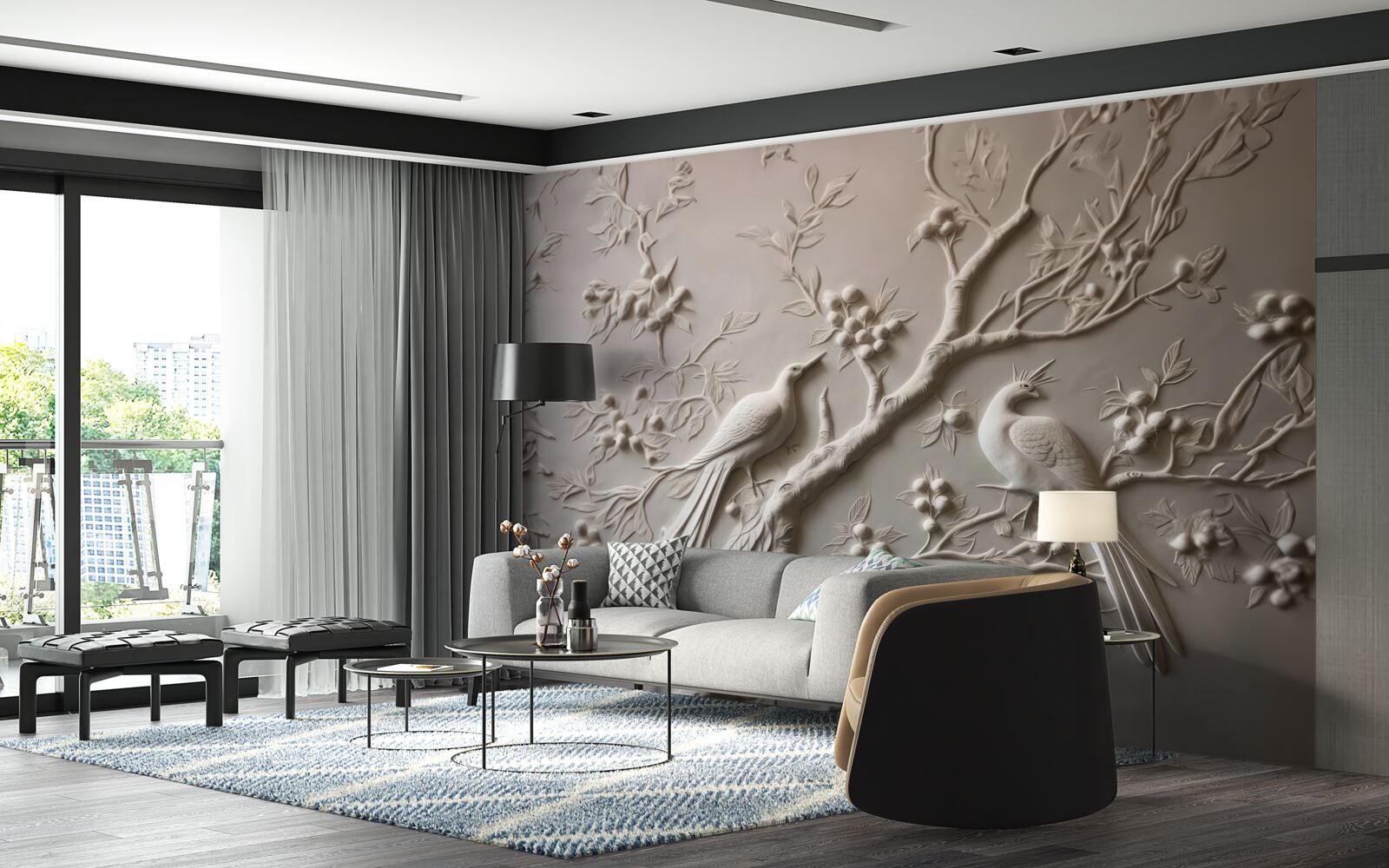 Papier peint une branche luxuriante et un oiseau