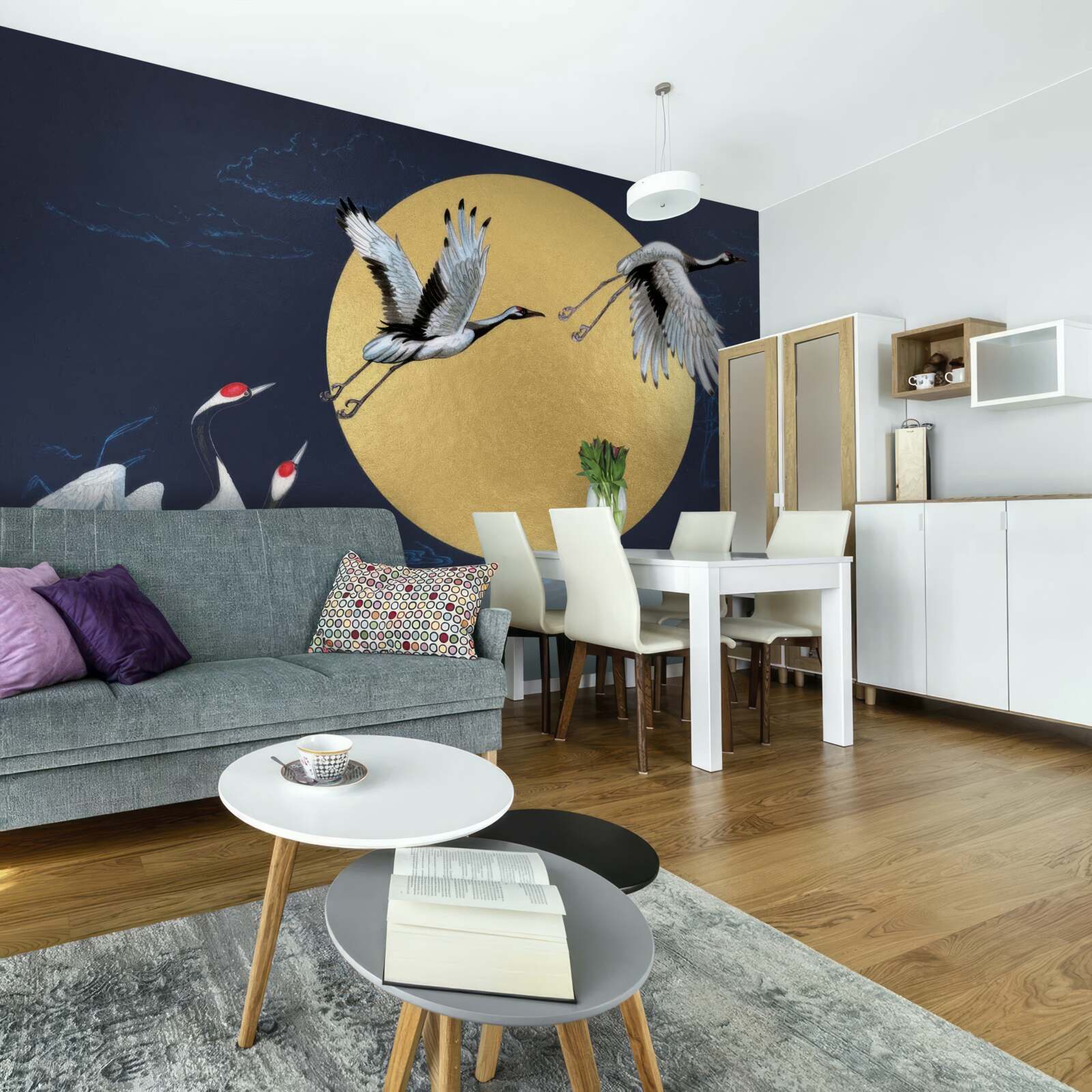 Papier peint vol d'oiseaux blancs